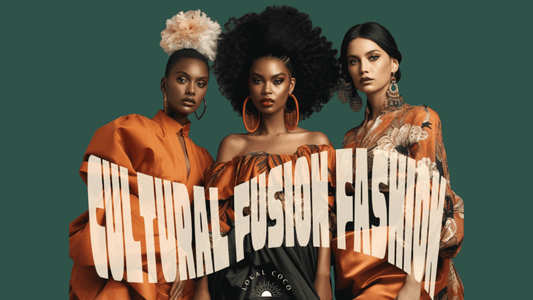 Three beautiful diverse women wearing orange cultural fusion fashion as they pose together with the curvy text, “cultural fusion fashion” displayed on top of them.