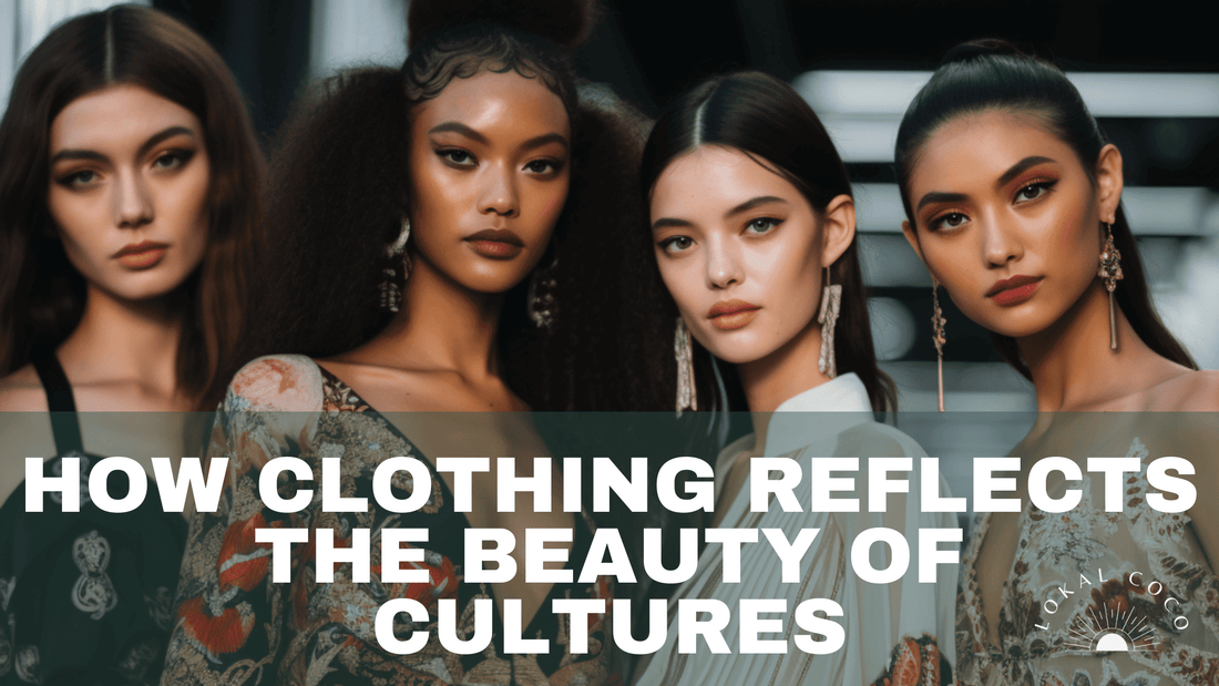 Four diverse models posing to showcase how clothing reflects the beauty of cultures