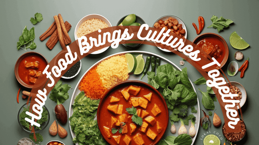 A knolling image of different spices and colorful food dishes on a round table to display how food brings cultures together.