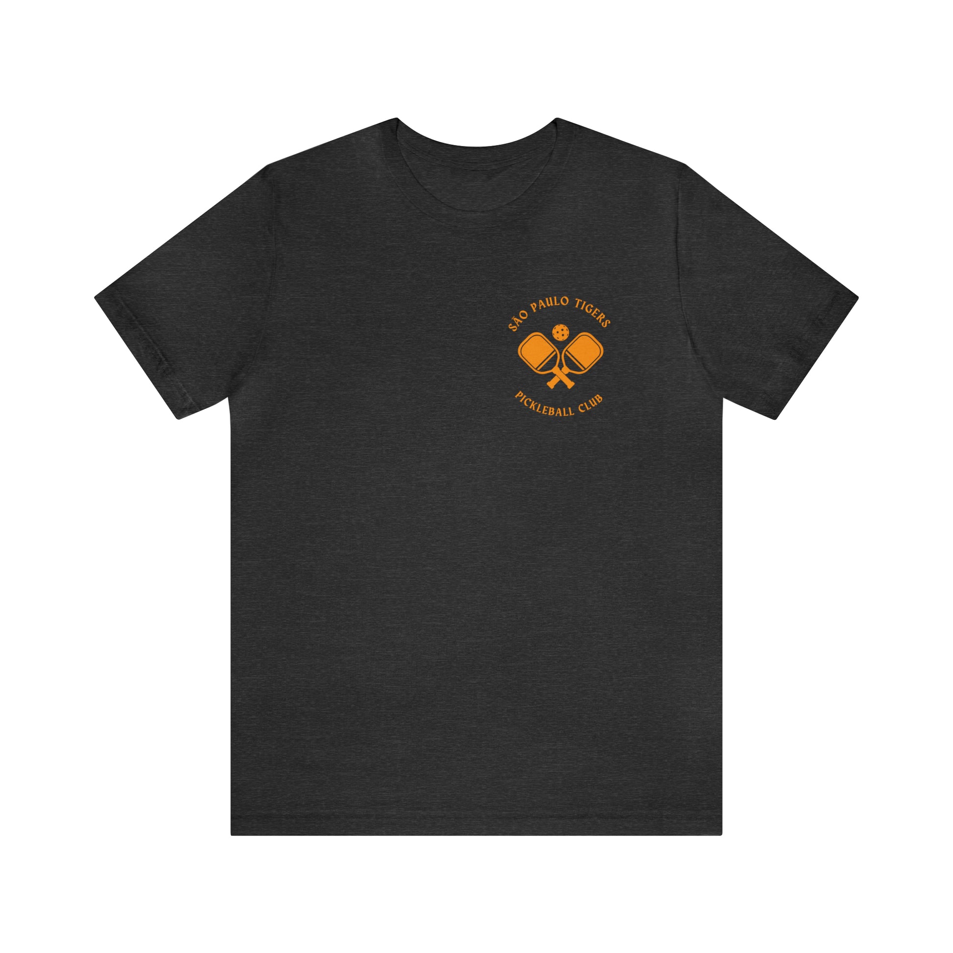 The front of São Paulo Tigers Pickleball Club T-Shirt | Pickleball Tee in dark grey heather