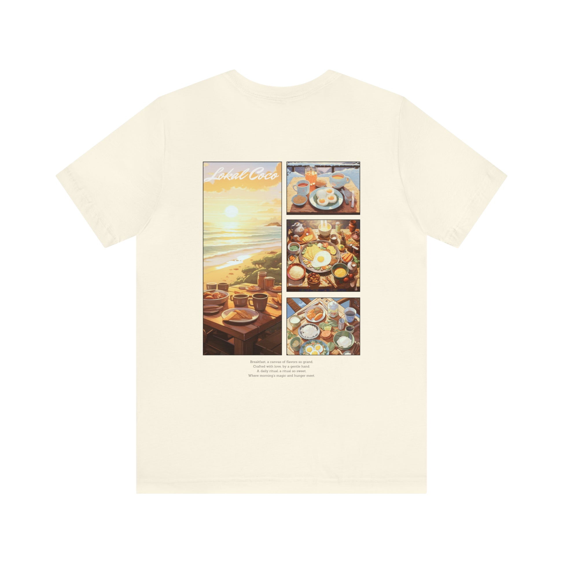 Back of Lokal Outdoor Breakfast Panel T-Shirt | Comic Panel Art Shirt in natural 