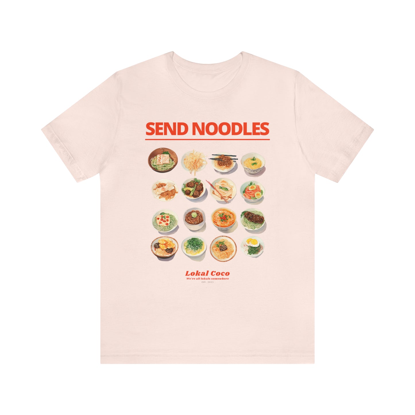 The front of Send Noodles T-Shirt | Noodle Lover Tee in soft pink