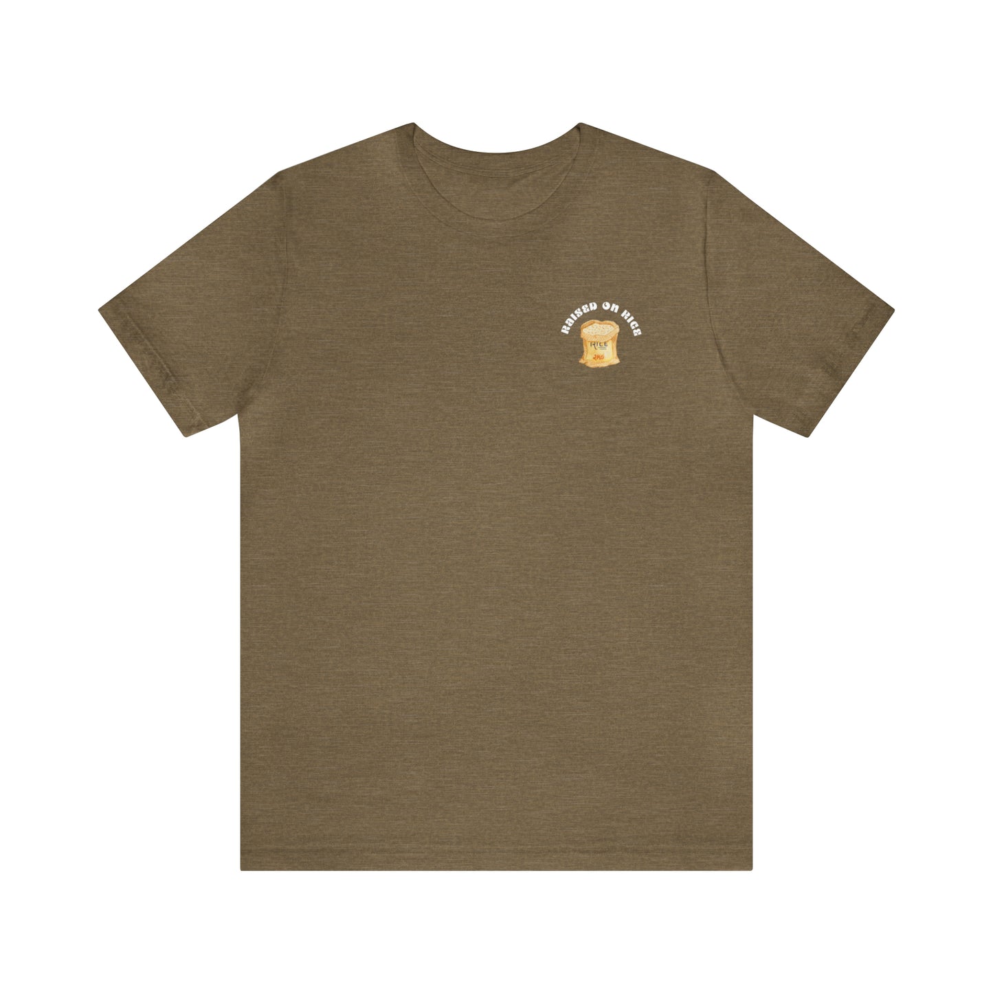 The front of Raised on Rice T-shirt in heather olive