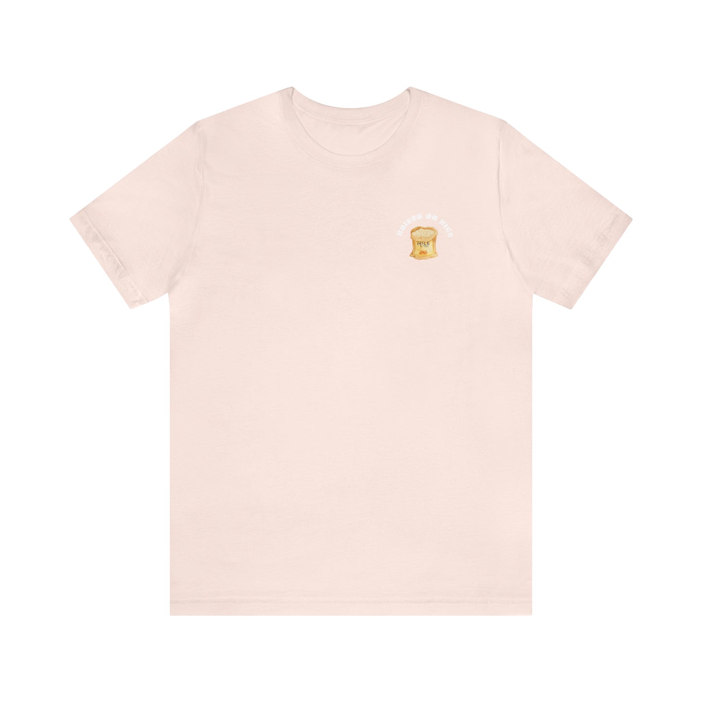 The front of Raised on Rice T-shirt in light pink