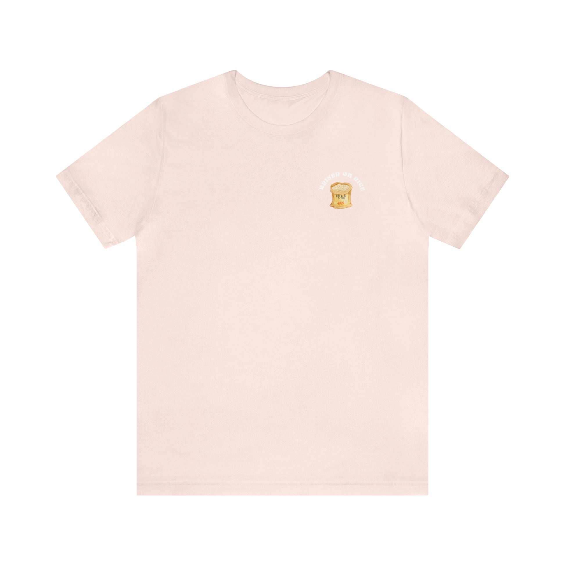 The front of Raised on Rice T-shirt in light pink