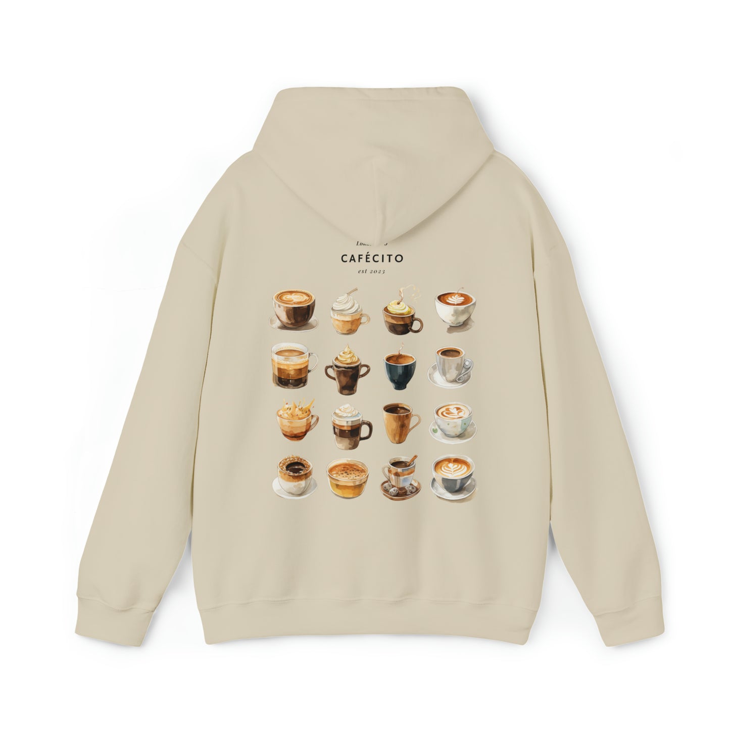 The back of Cafécito Hoodie | Watercolor Coffee Hoodie in sand 