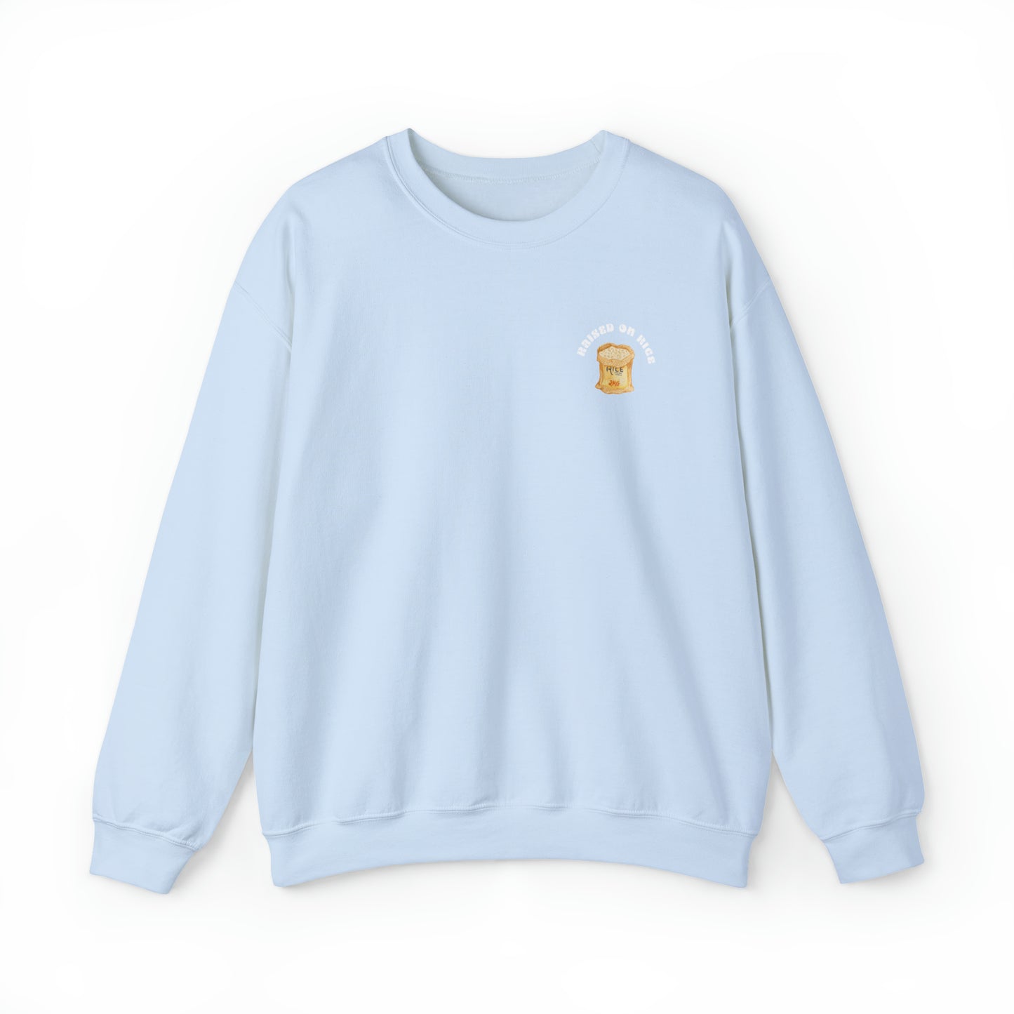 The front of Raised on Rice Crewneck Sweatshirt in light blue