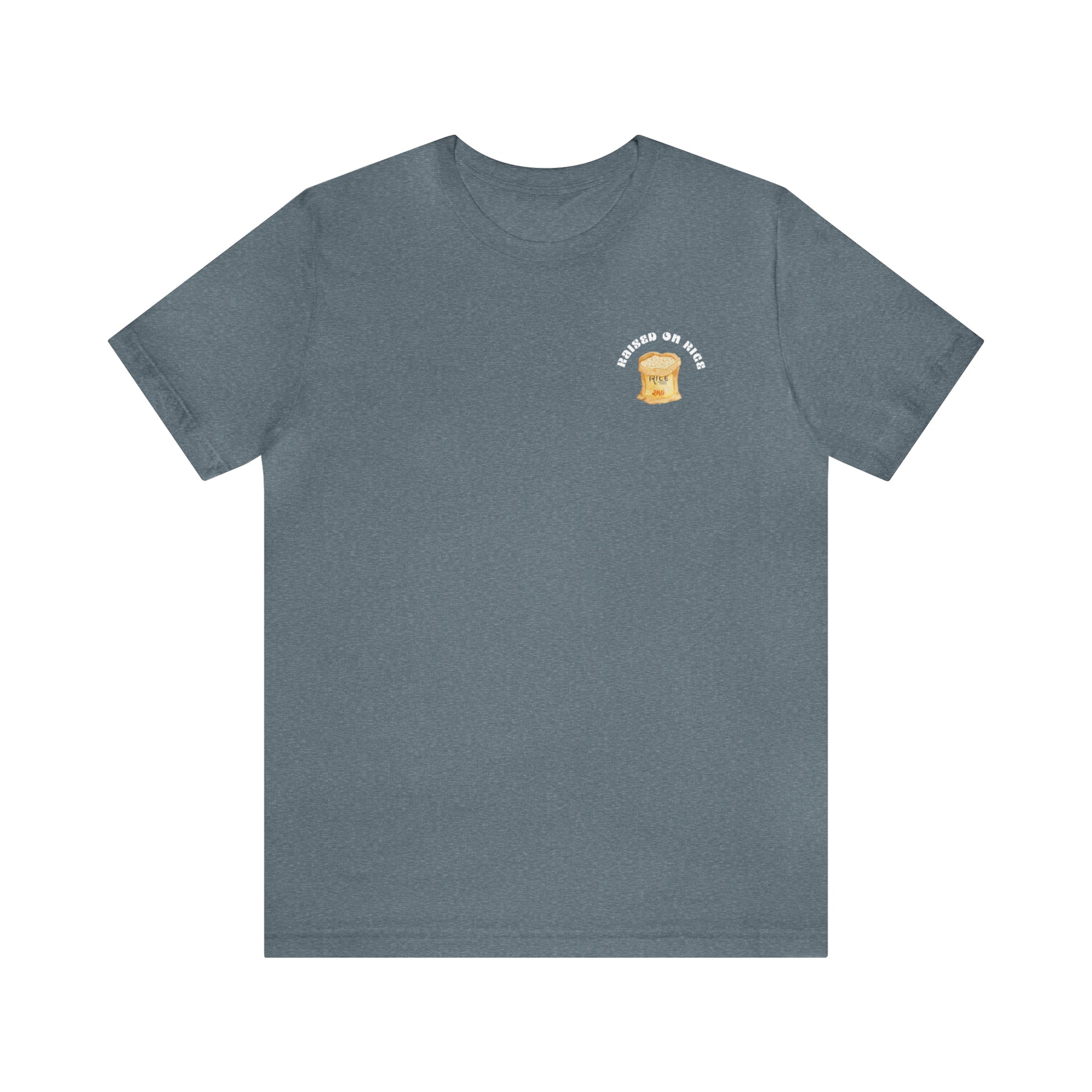 The front of Raised on Rice T-shirt in heather slate