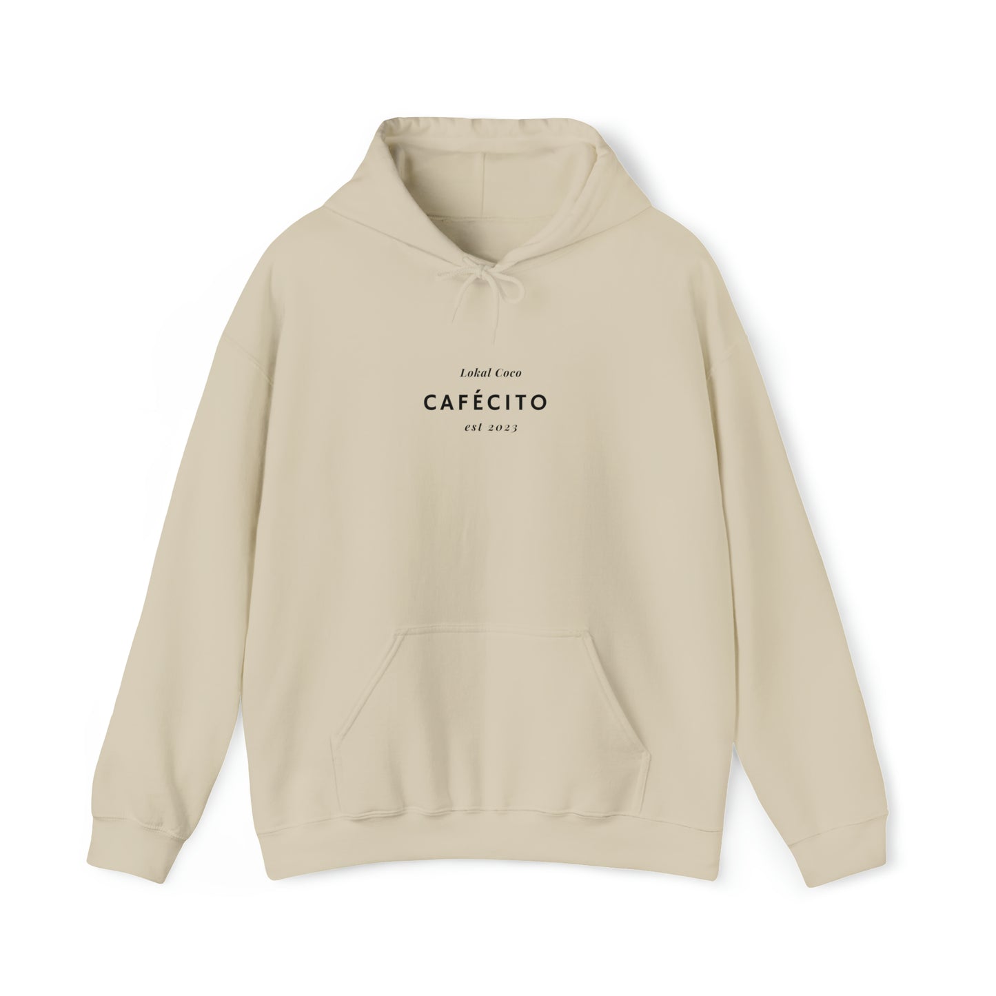 The front of Cafécito Hoodie | Watercolor Coffee Hoodie in sand 