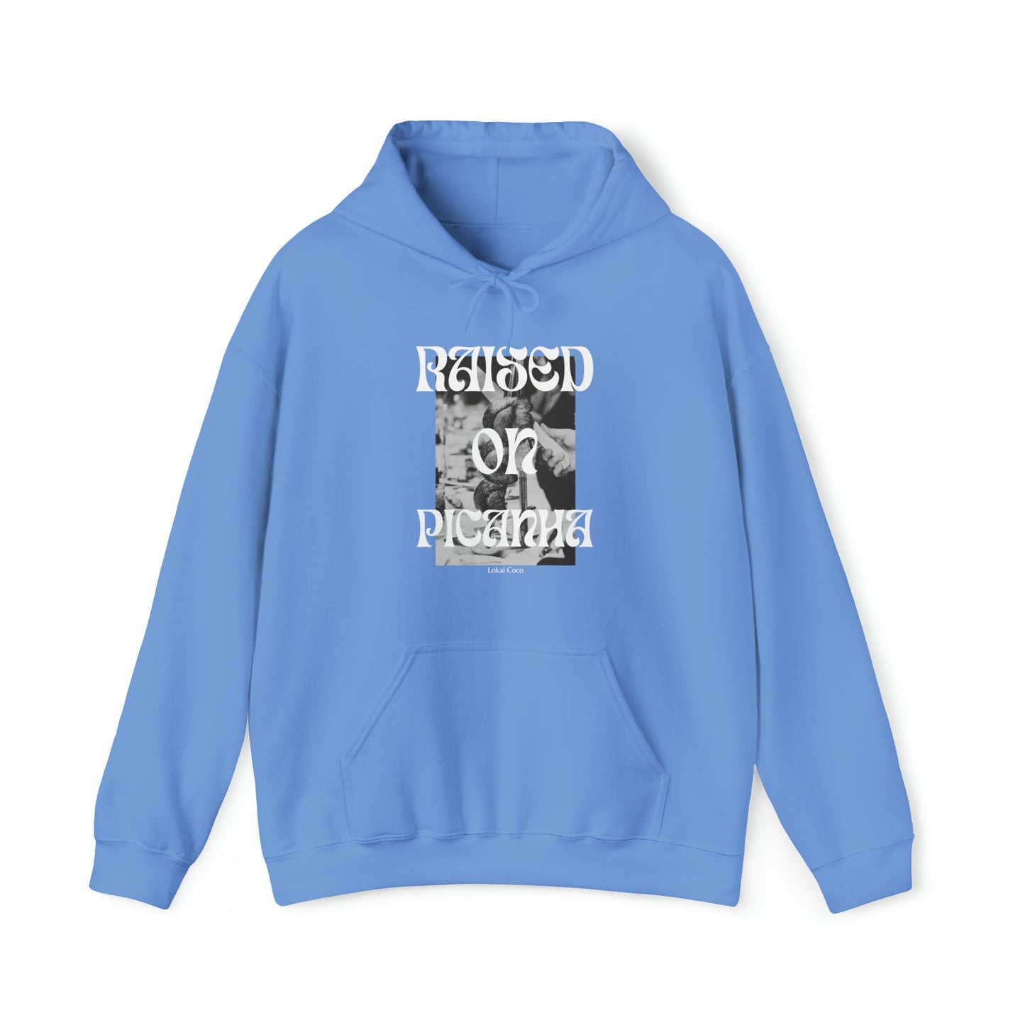 The front of the Raised on Picanha Hoodie in Carolina blue 