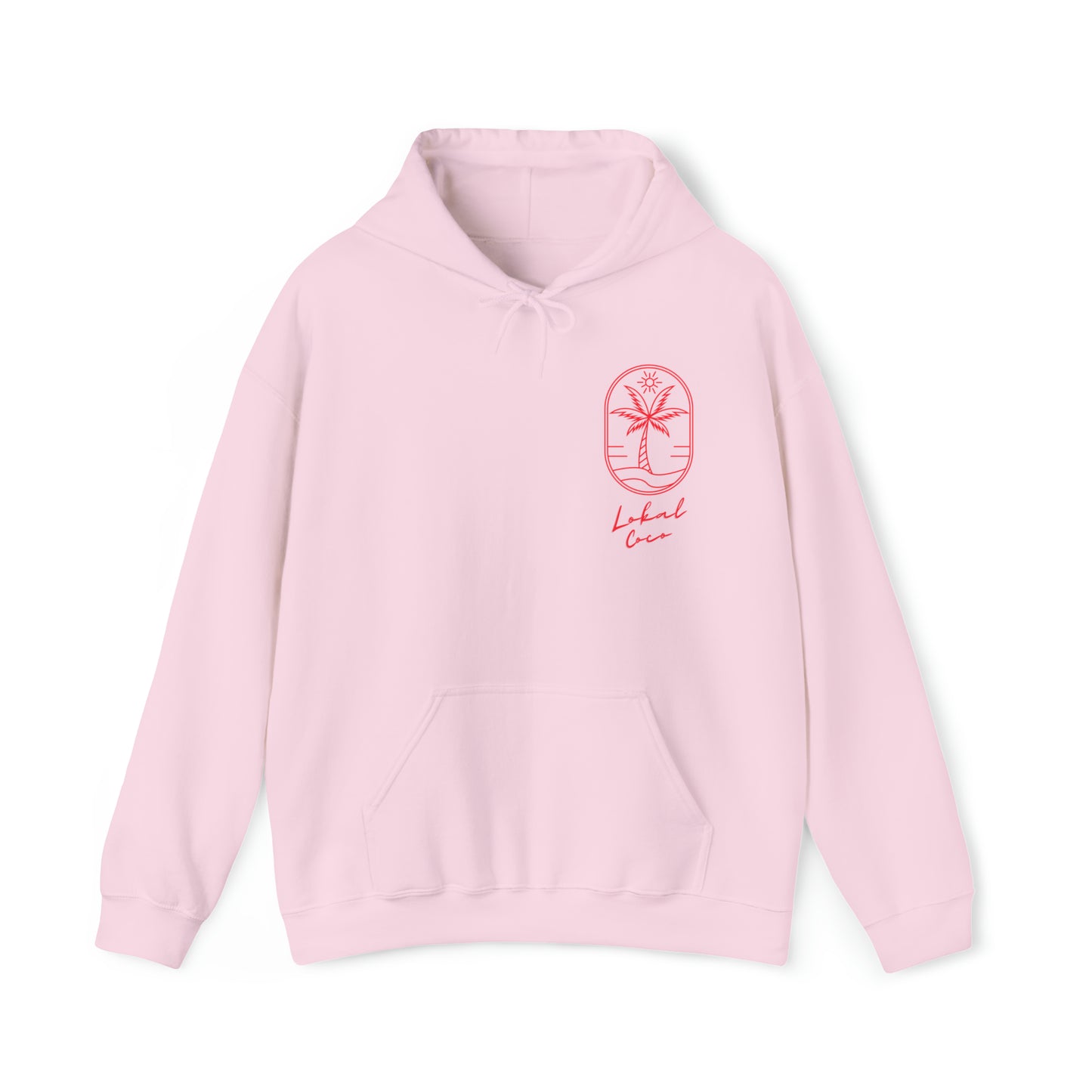 The front of Palm Tree Hoodie - We're All Lokals Somewhere Graphic Hoodie in light pink