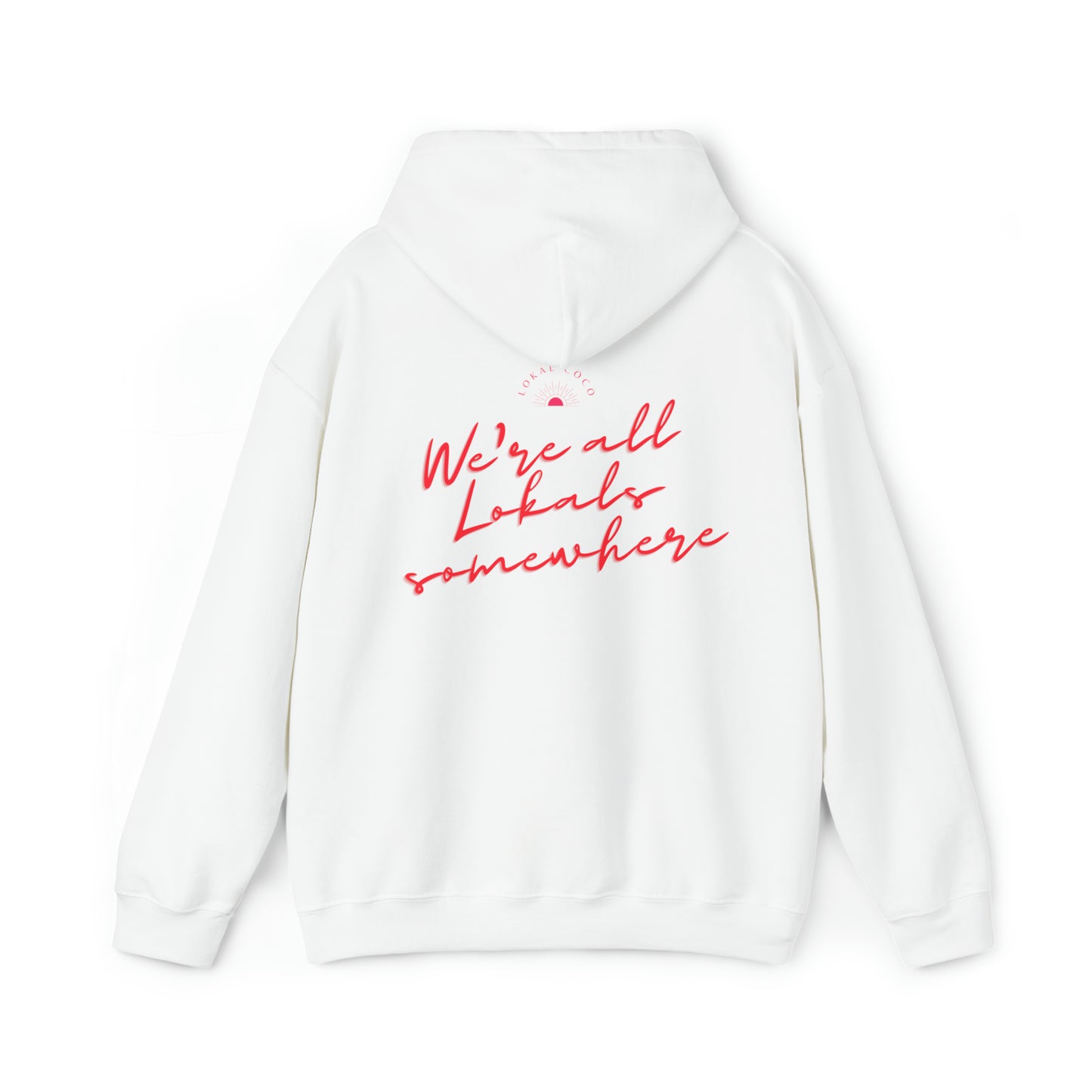 The back of Palm Tree Hoodie - We're All Lokals Somewhere Graphic Hoodie in white