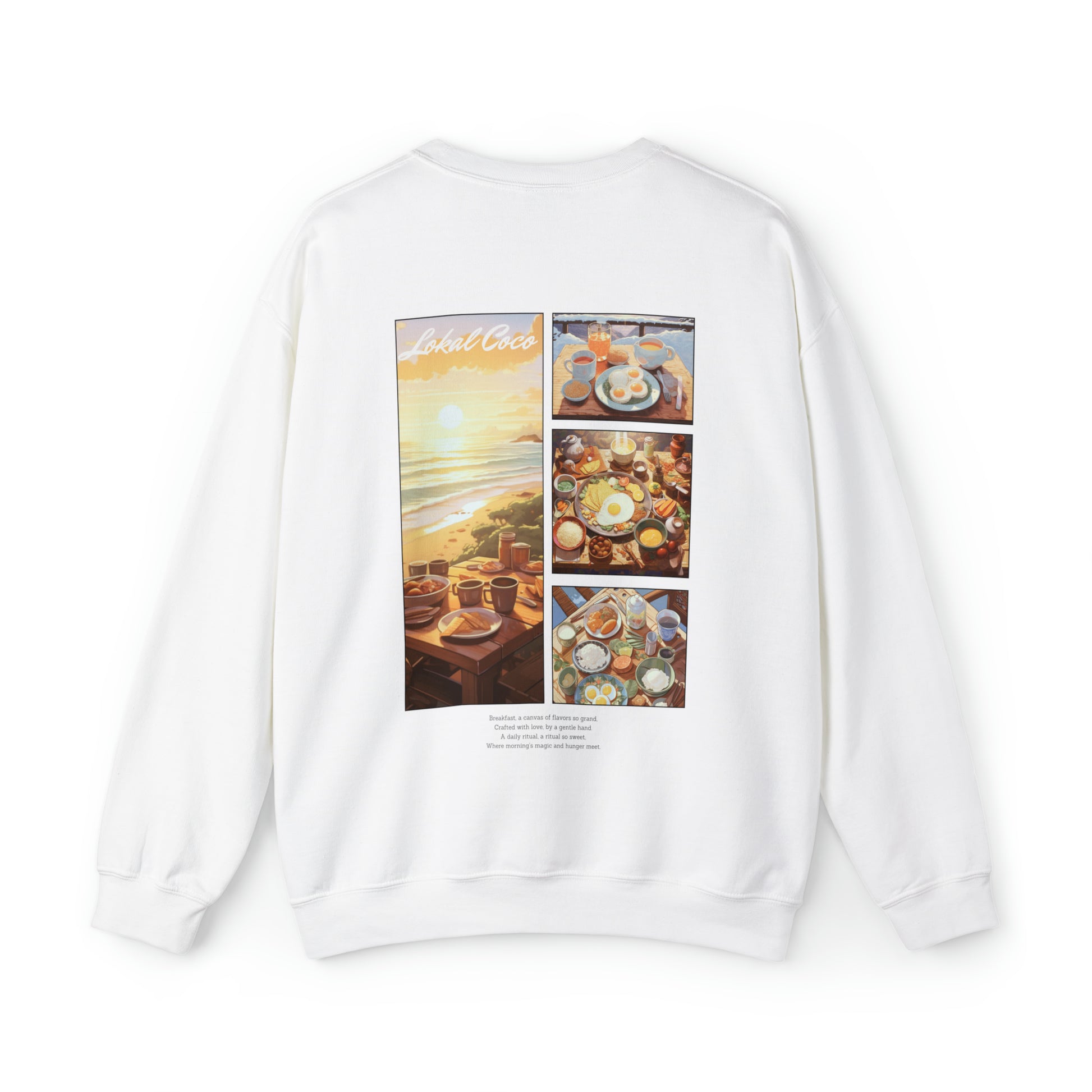 Back of Lokal Outdoor Breakfast Panel Sweatshirt | Comic Panel Art Crewneck Sweater in White