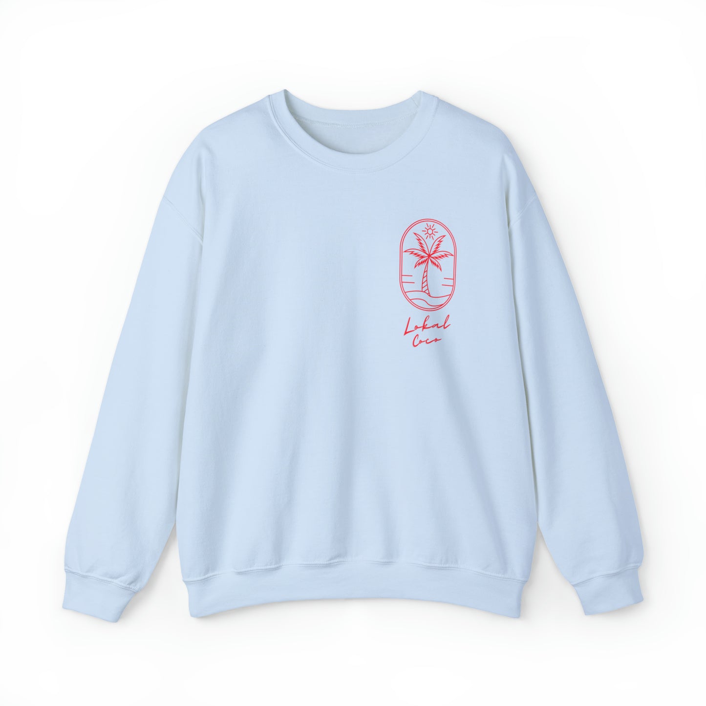 The front of Palm Tree Sweatshirt - We're All Lokals Somewhere Crewneck Graphic Sweatshirt in light blue