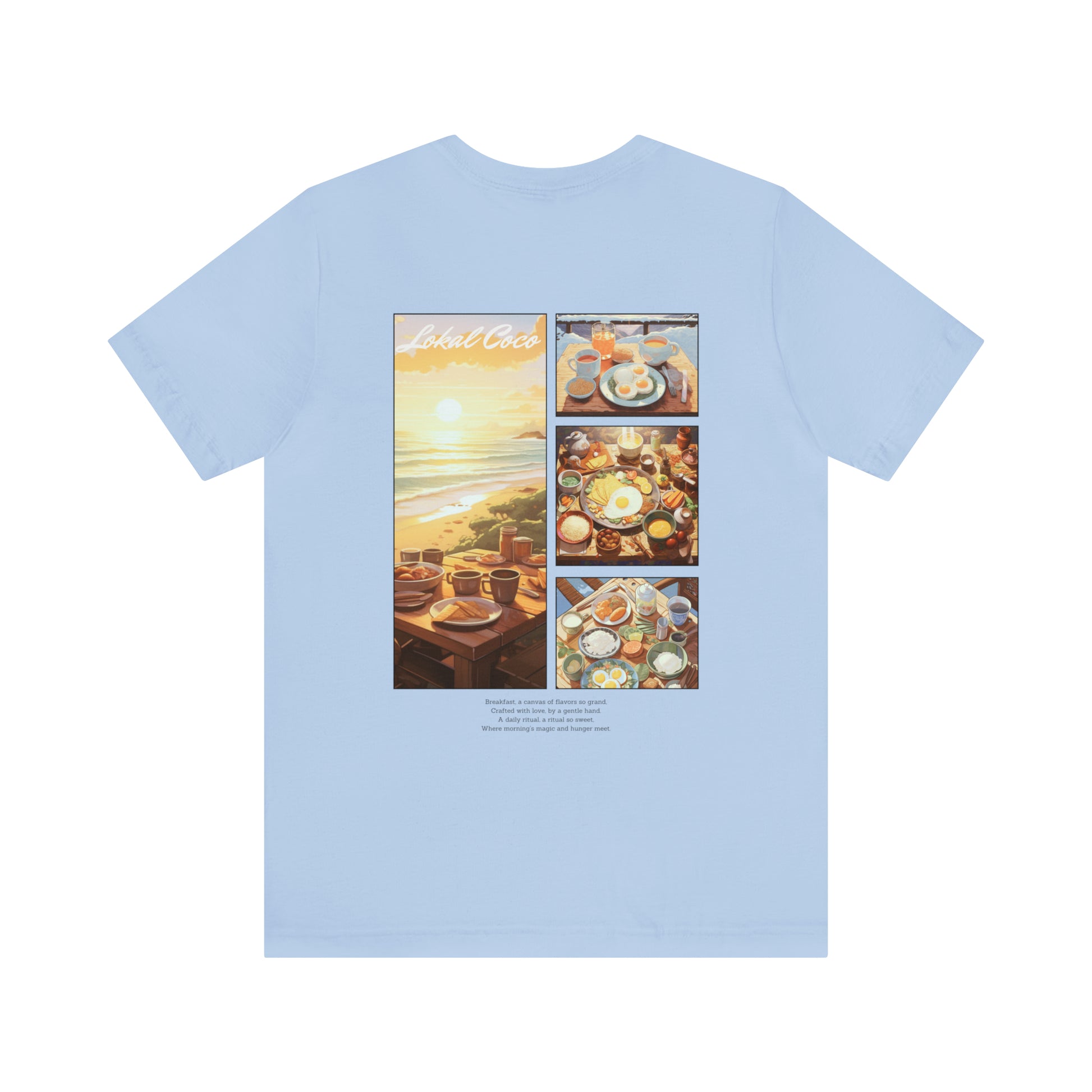 Back of Lokal Outdoor Breakfast Panel T-Shirt | Comic Panel Art Shirt in baby blue 