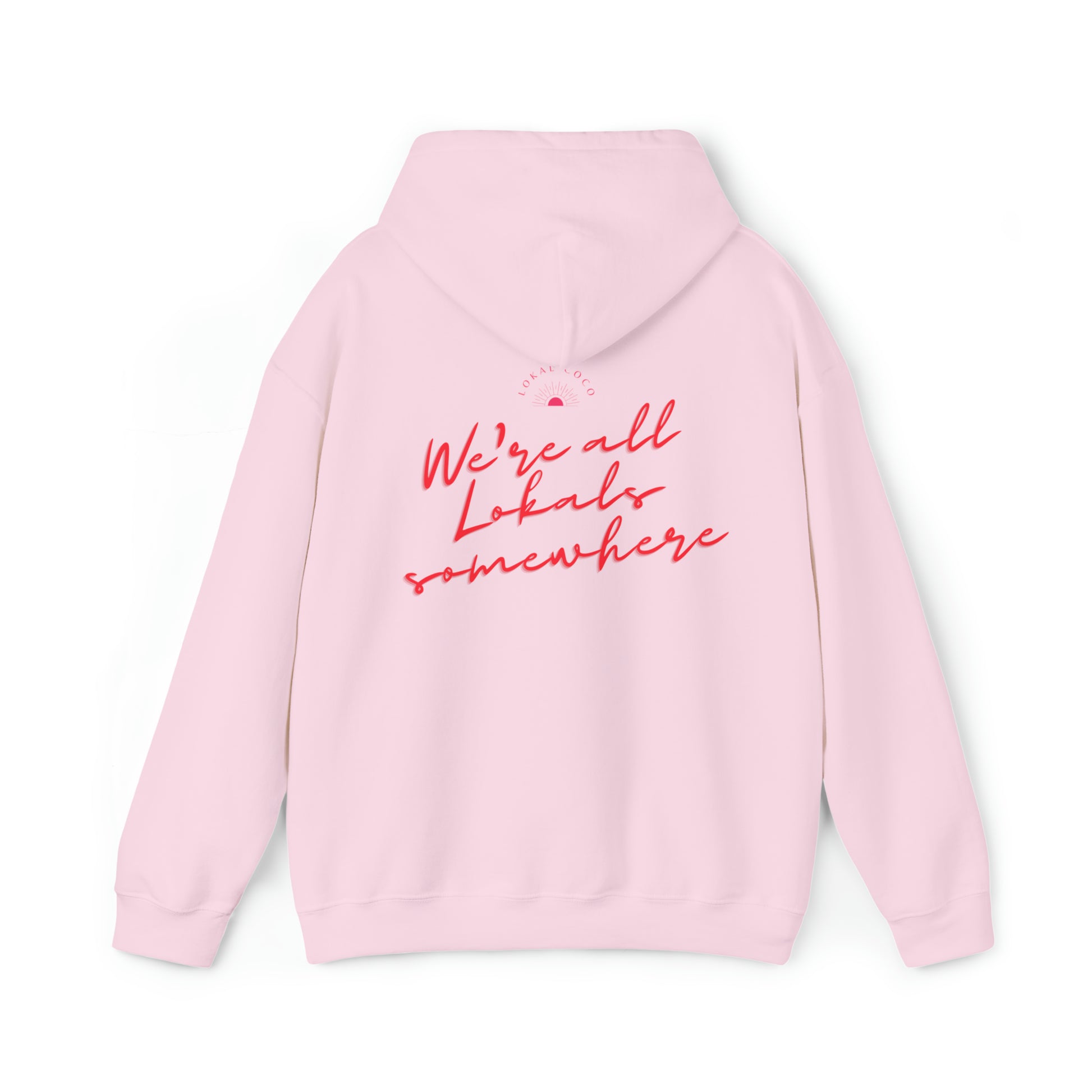 The back of Palm Tree Hoodie - We're All Lokals Somewhere Graphic Hoodie in light pink