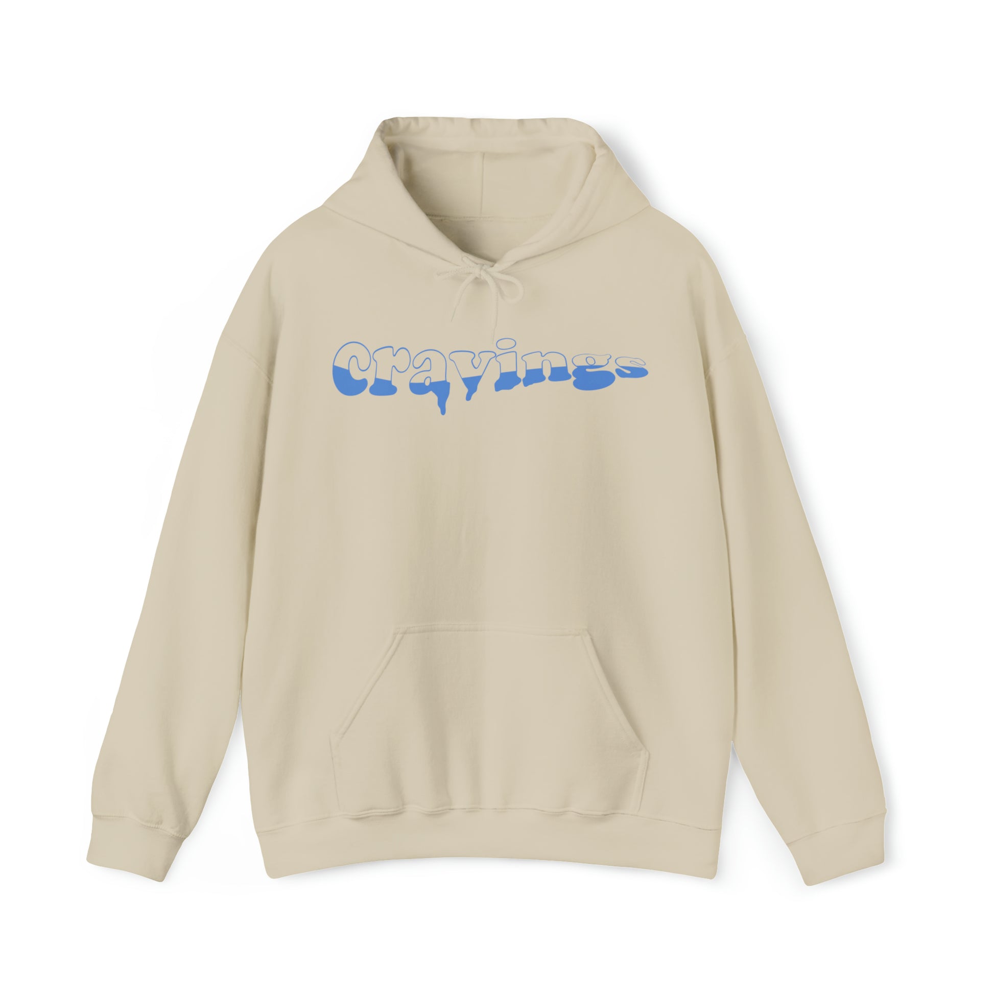 The front of the Cravings Satisfied hoodie in nude