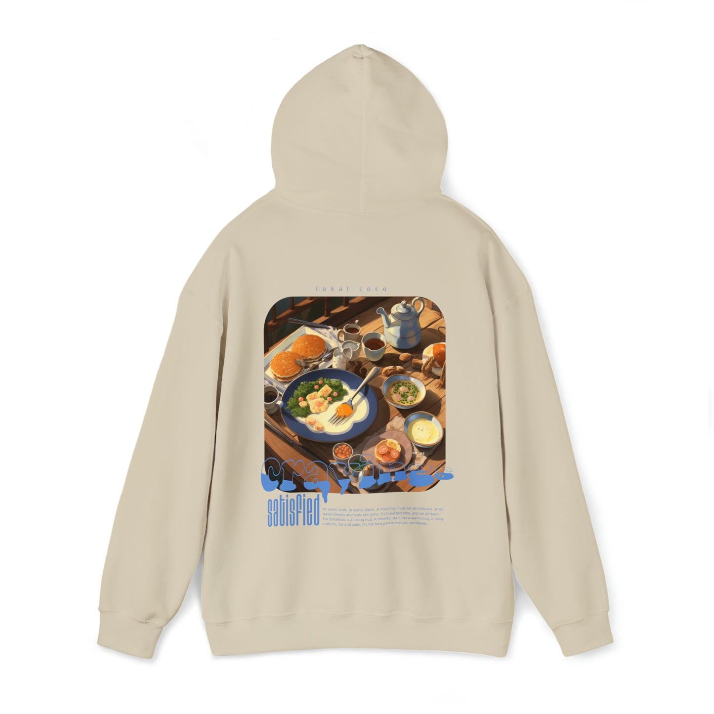 The back with the hoodie up of the Cravings Satisfied hoodie in nude