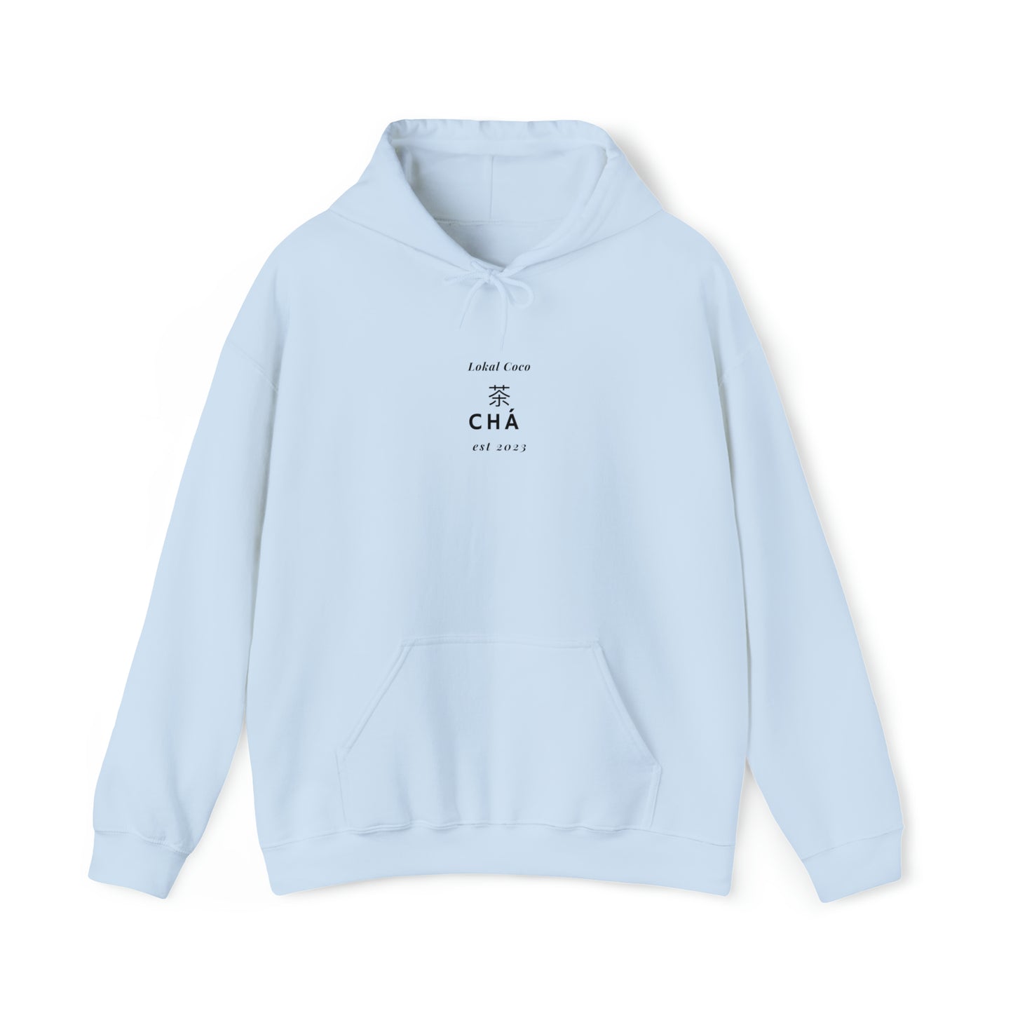 The front of Tea Lover Hoodie | 茶 Chá in Mandarin Watercolor Hoodie in light blue 