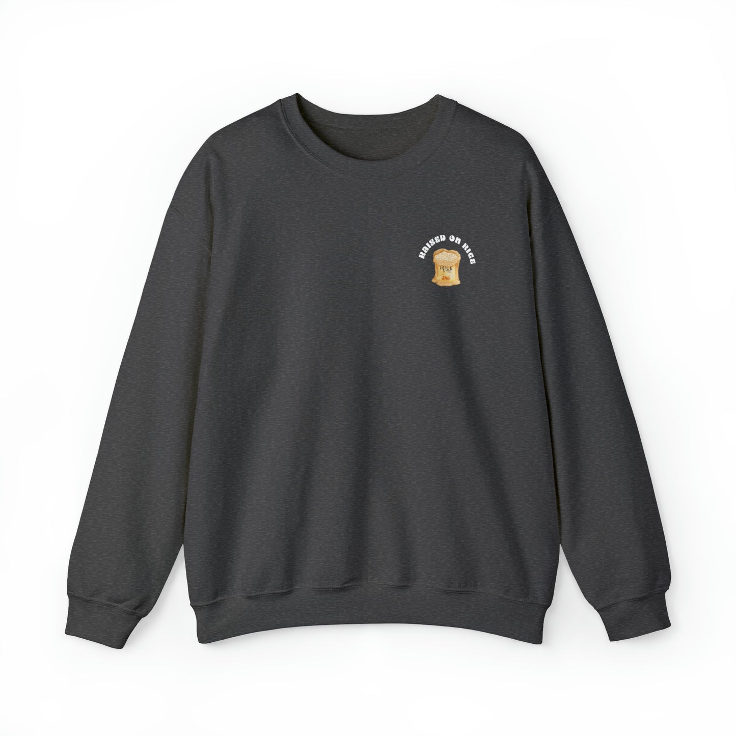 The front of Raised on Rice Crewneck Sweatshirt in dark heather