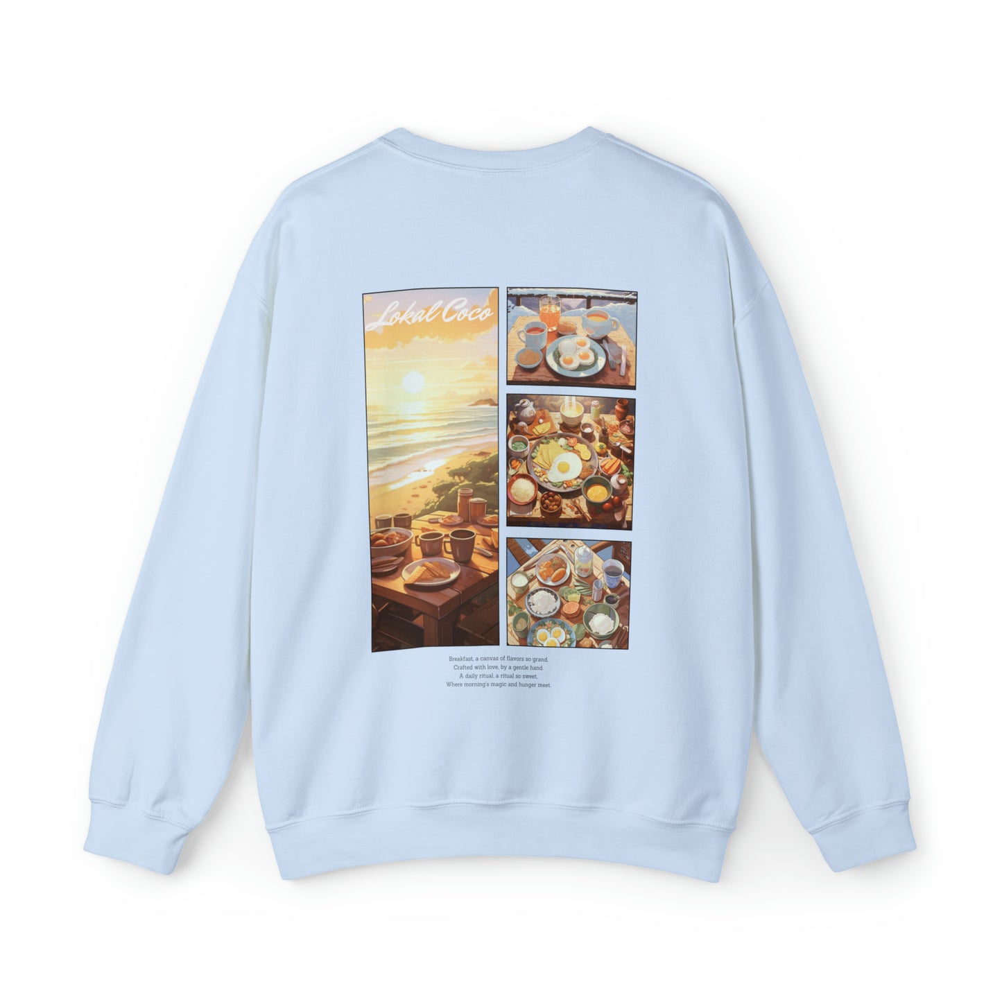 Back of Lokal Outdoor Breakfast Panel Sweatshirt | Comic Panel Art Crewneck Sweater in light blue