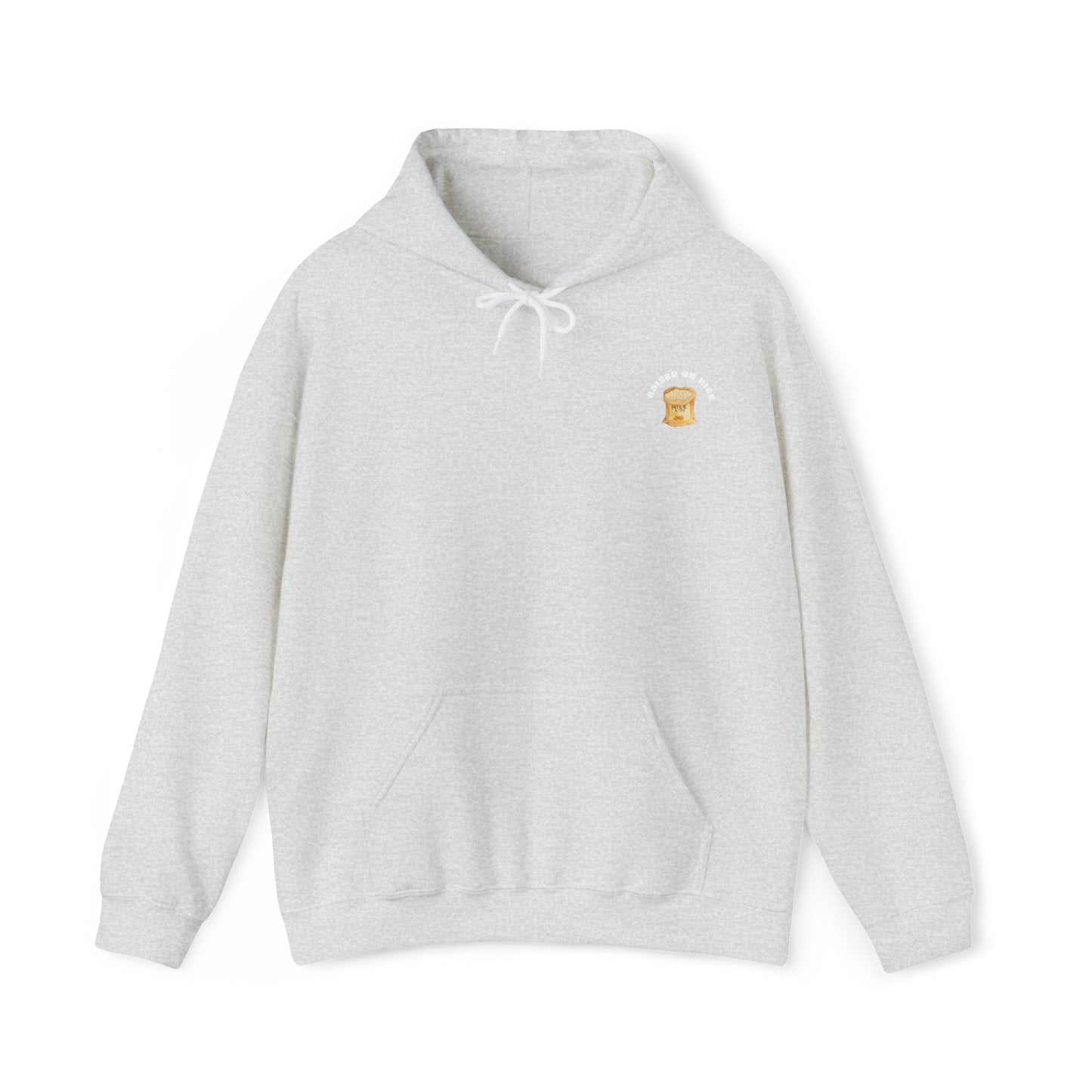 The front of Raised on Rice Hoodie in ash