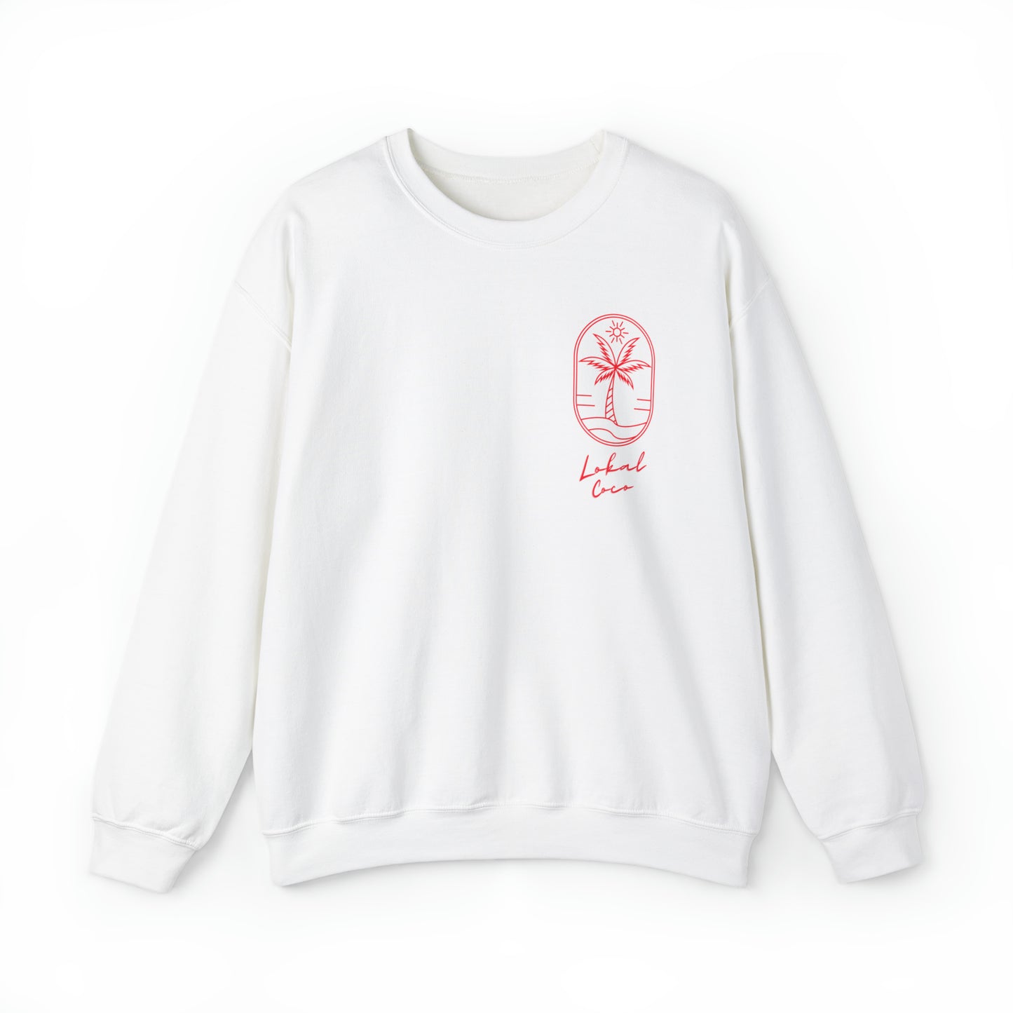 The front of Palm Tree Sweatshirt - We're All Lokals Somewhere Crewneck Graphic Sweatshirt in white