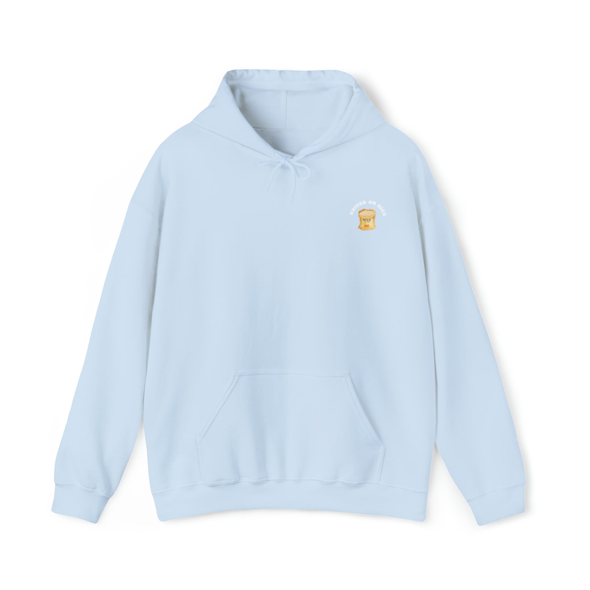 The front of Raised on Rice Hoodie in light blue