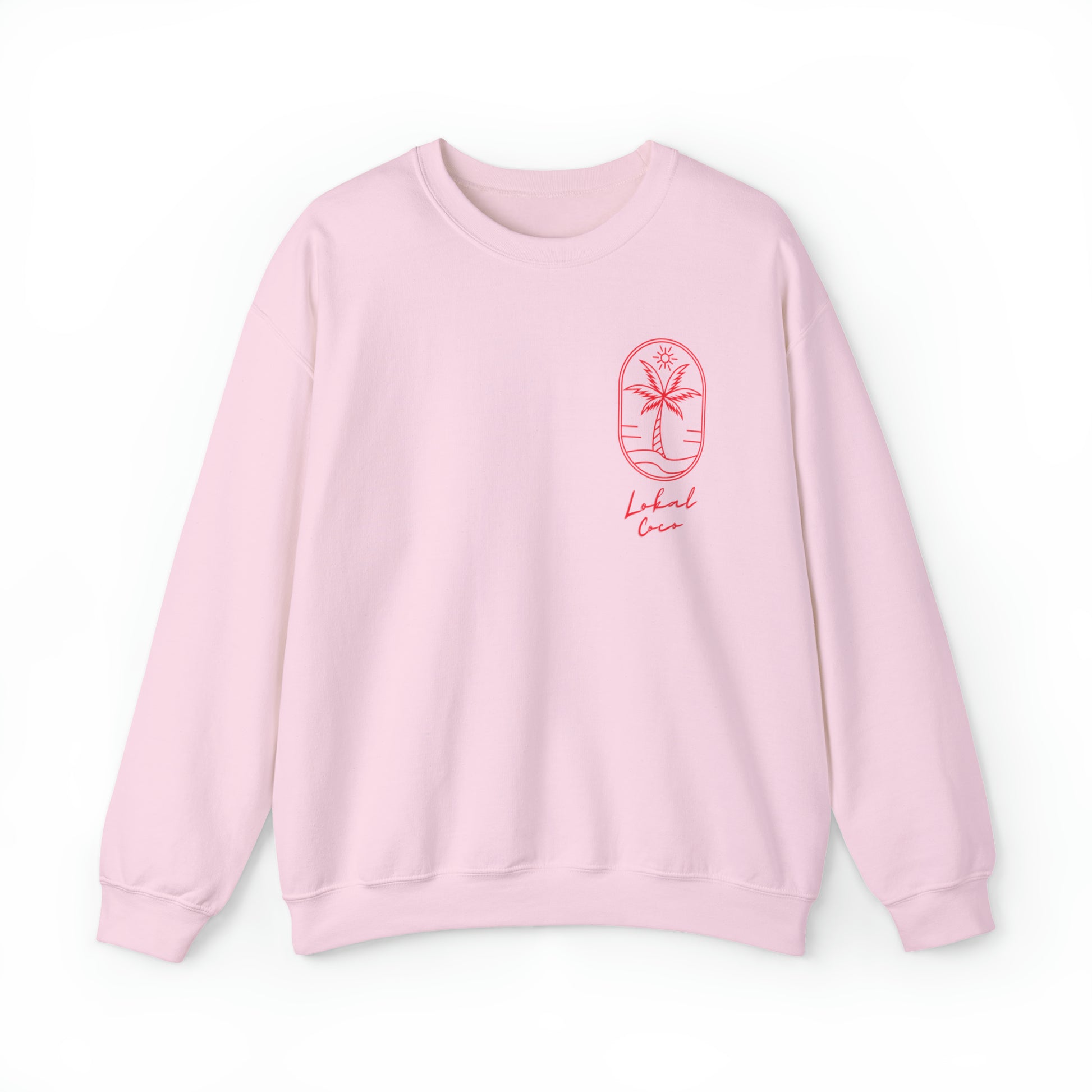 The front of Palm Tree Sweatshirt - We're All Lokals Somewhere Crewneck Graphic Sweatshirt in light pink