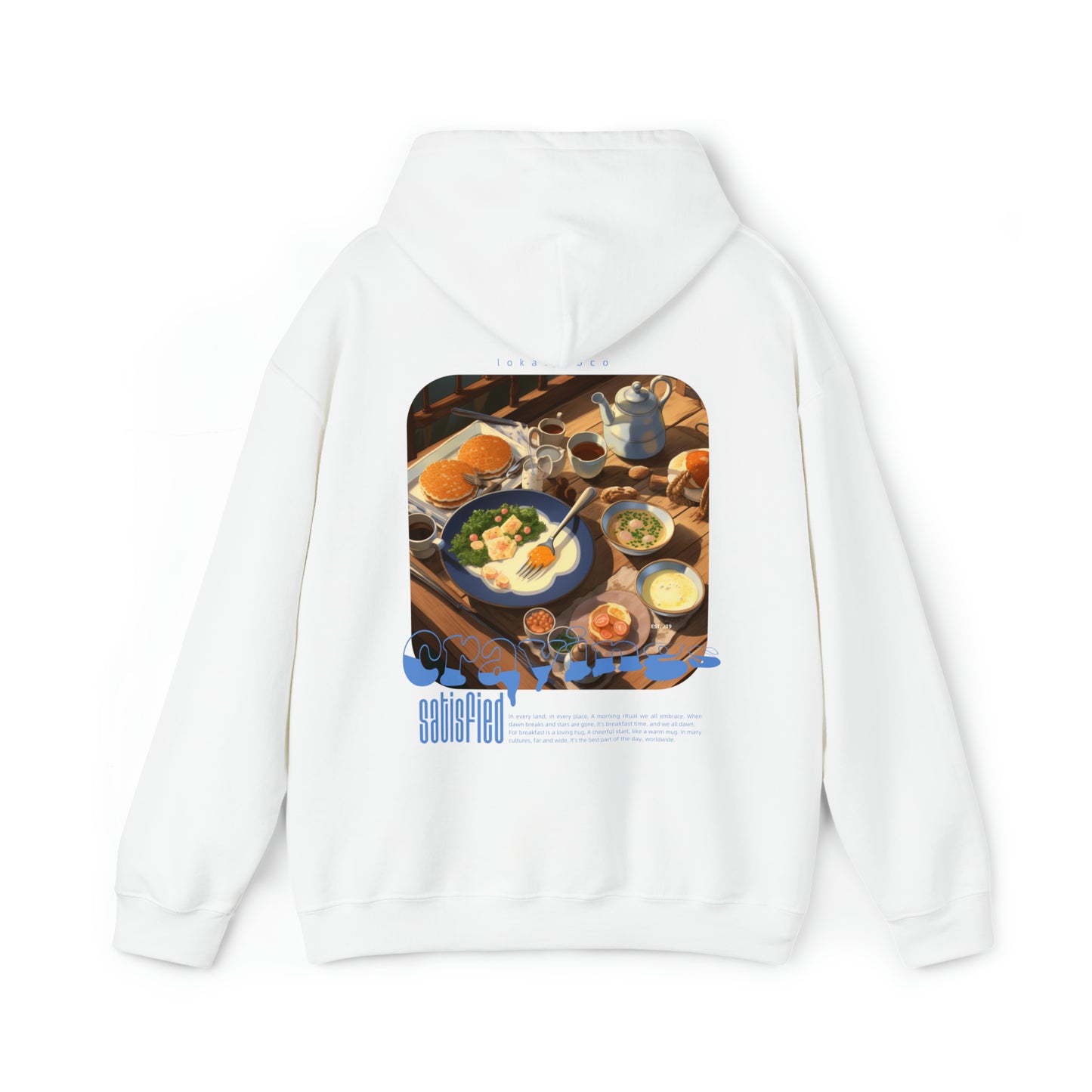 The back with the hoodie down of the Cravings Satisfied hoodie in white