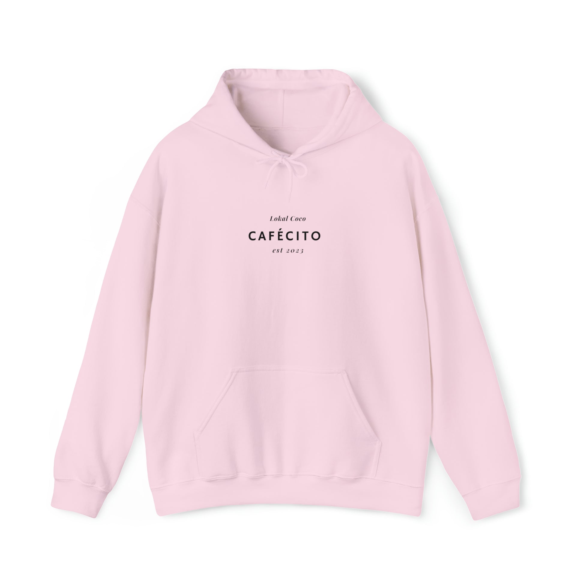 The front of Cafécito Hoodie | Watercolor Coffee Hoodie in light pink 