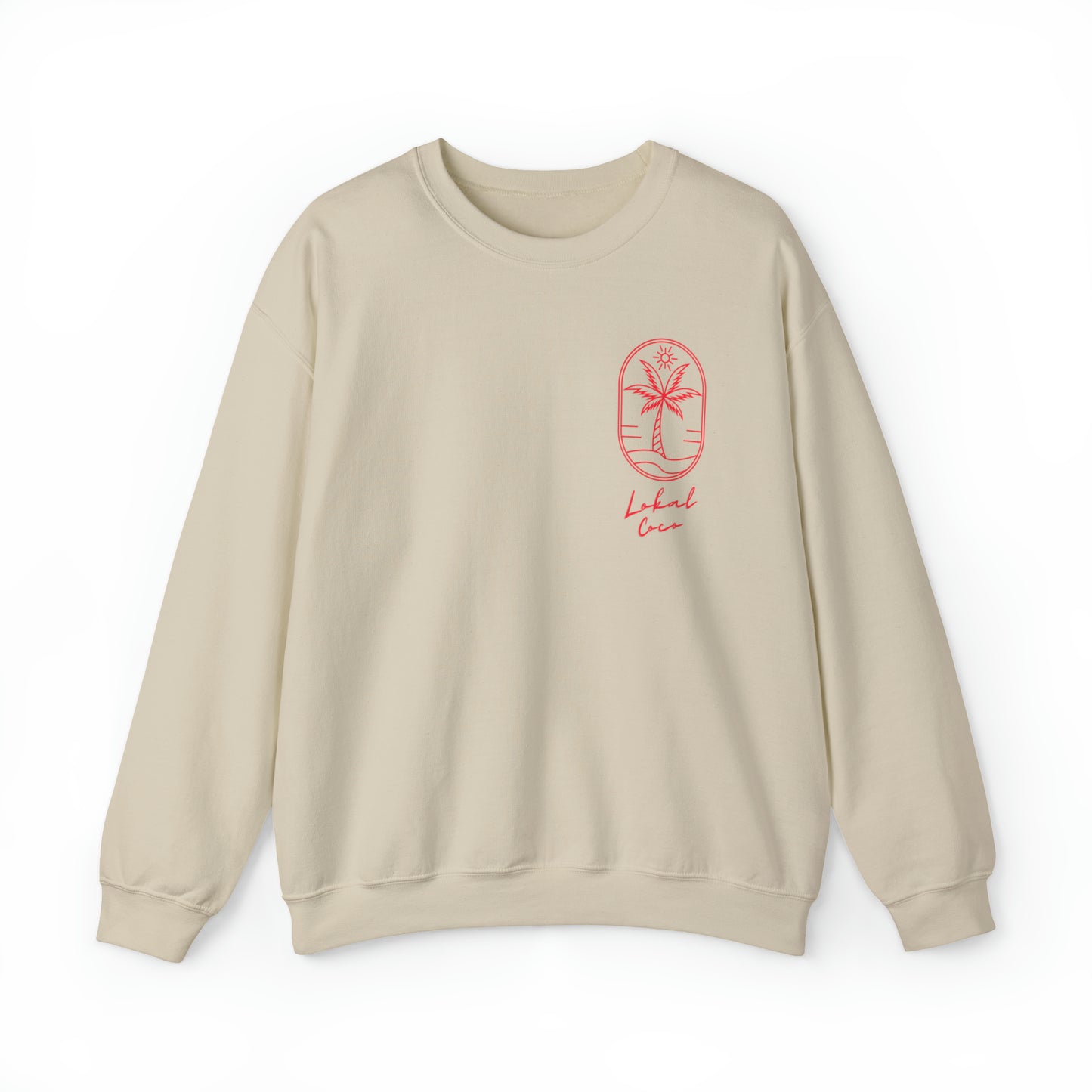 The front of Palm Tree Sweatshirt - We're All Lokals Somewhere Crewneck Graphic Sweatshirt in sand