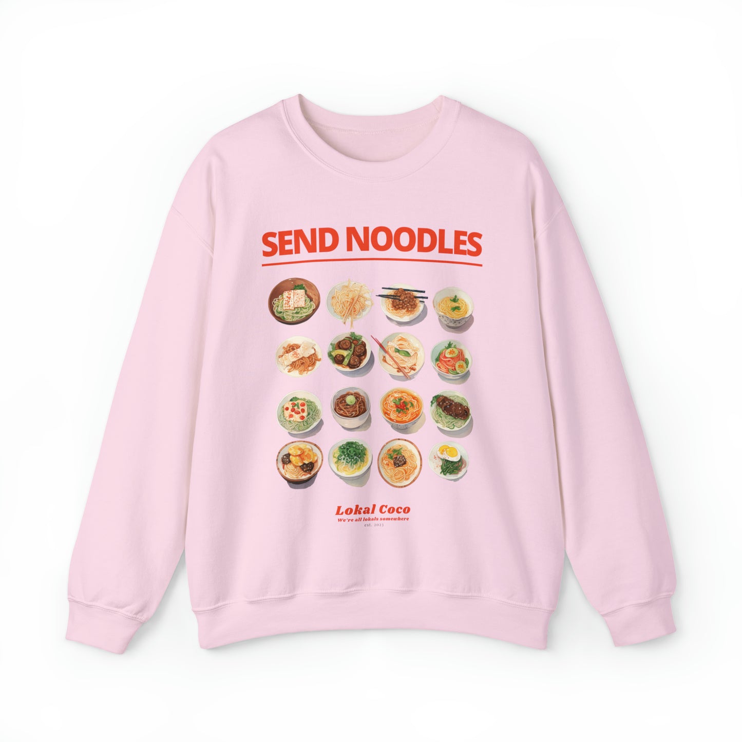 The front of Send Noodles Sweatshirt | Noodle Lover Crewneck Sweater in light pink