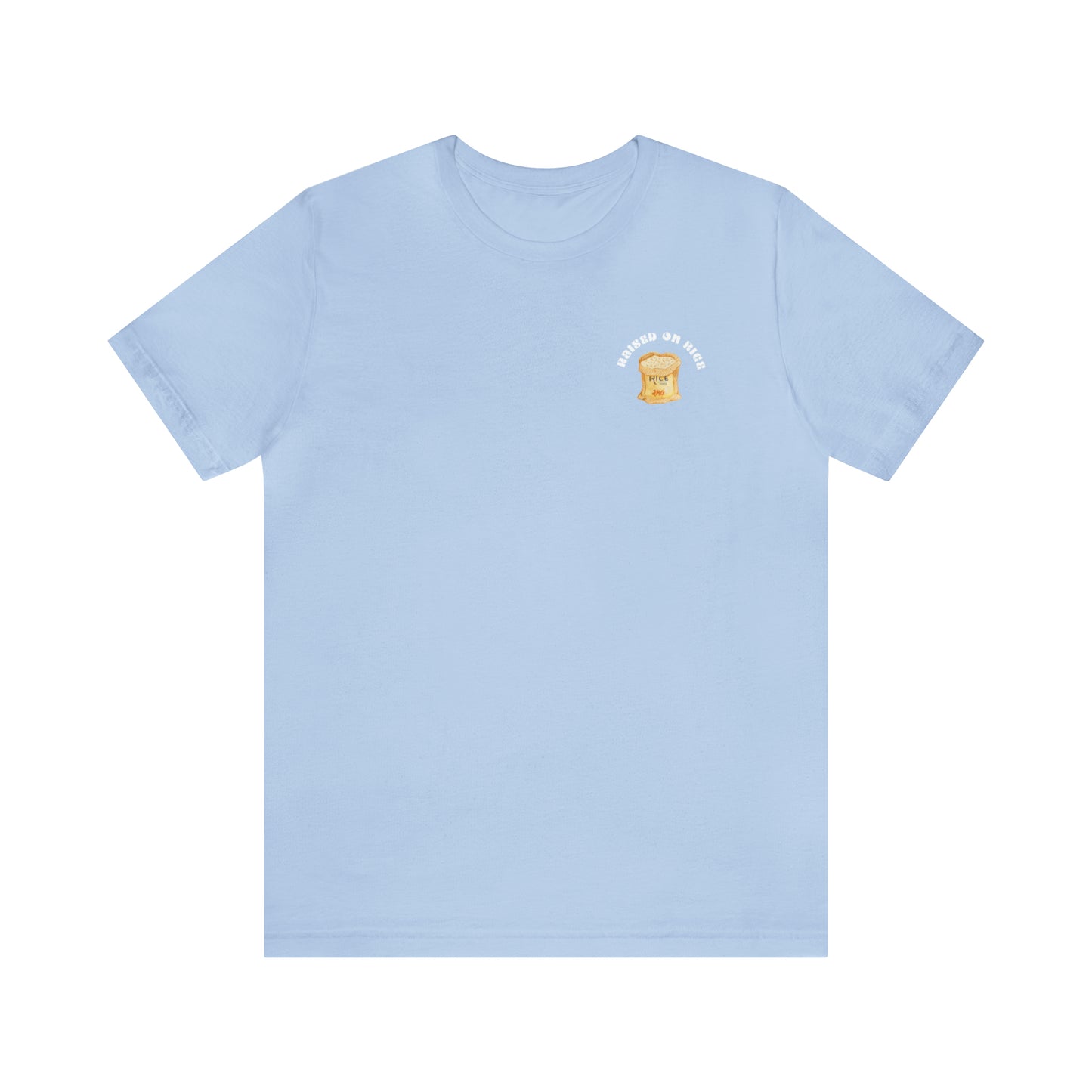 The front of Raised on Rice T-shirt in light blue