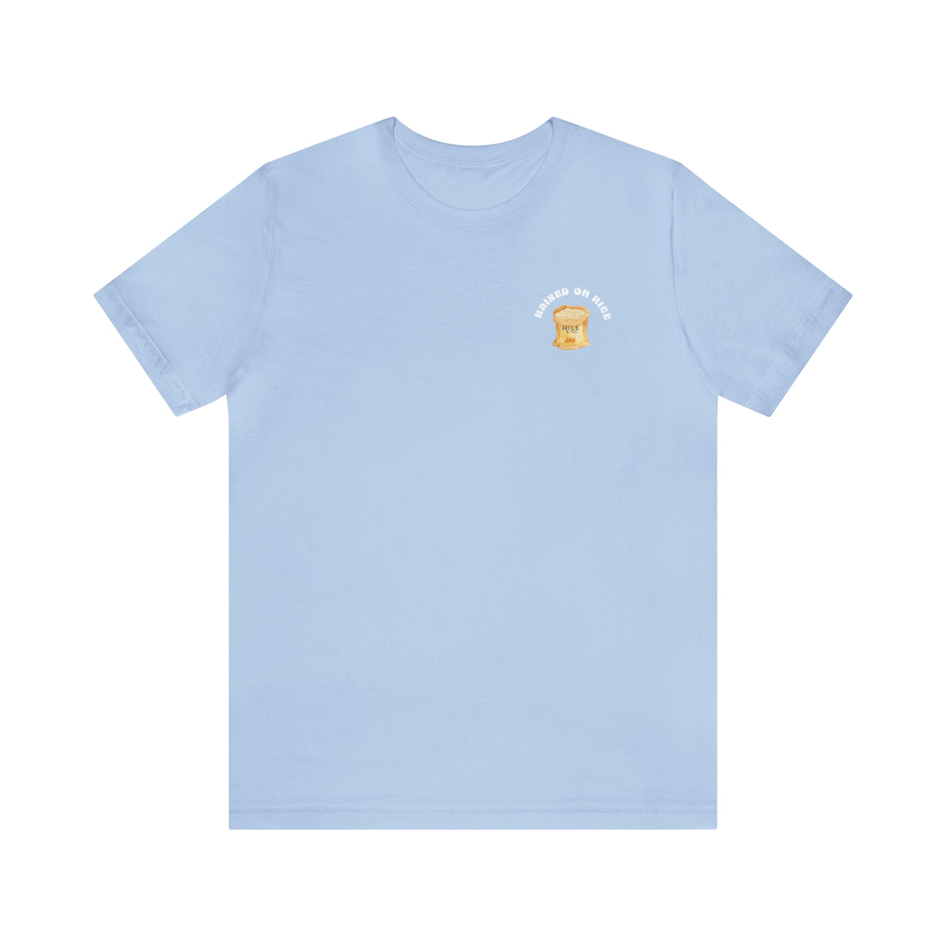 The front of Raised on Rice T-shirt in light blue