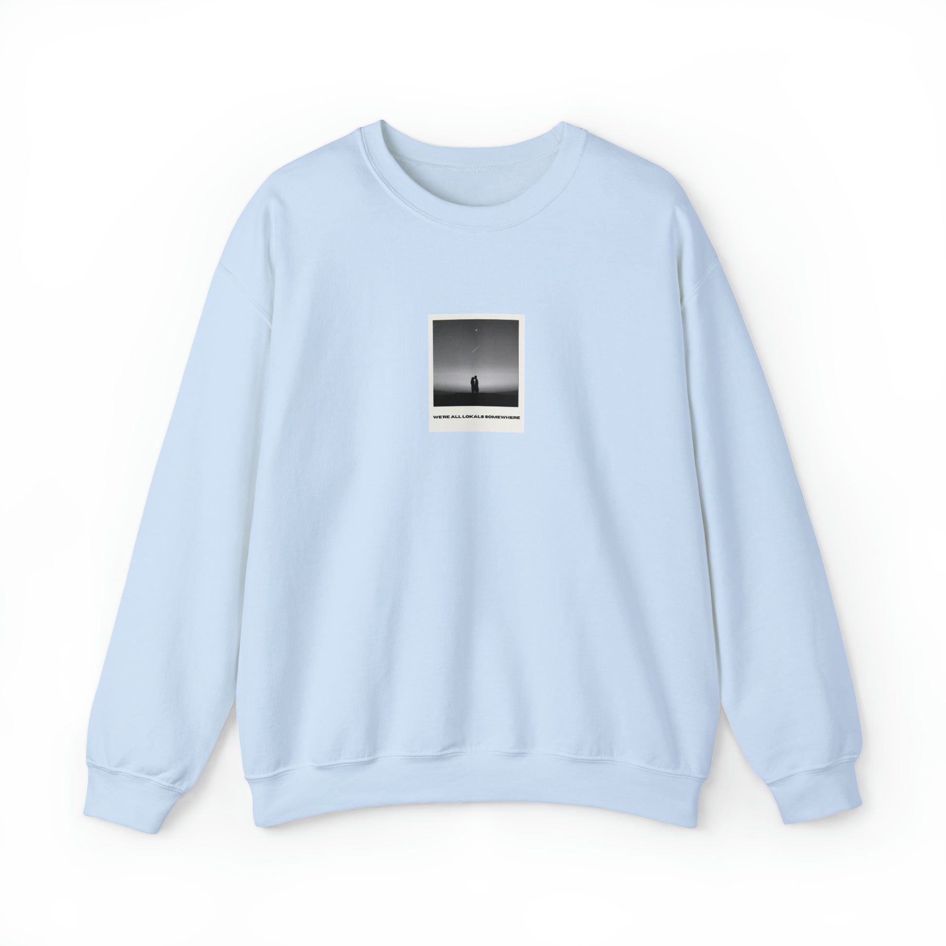 The front of Polaroid Sweatshirt + Shooting Star Couple | We're All Lokals Somewhere Sweatshirt in light blue