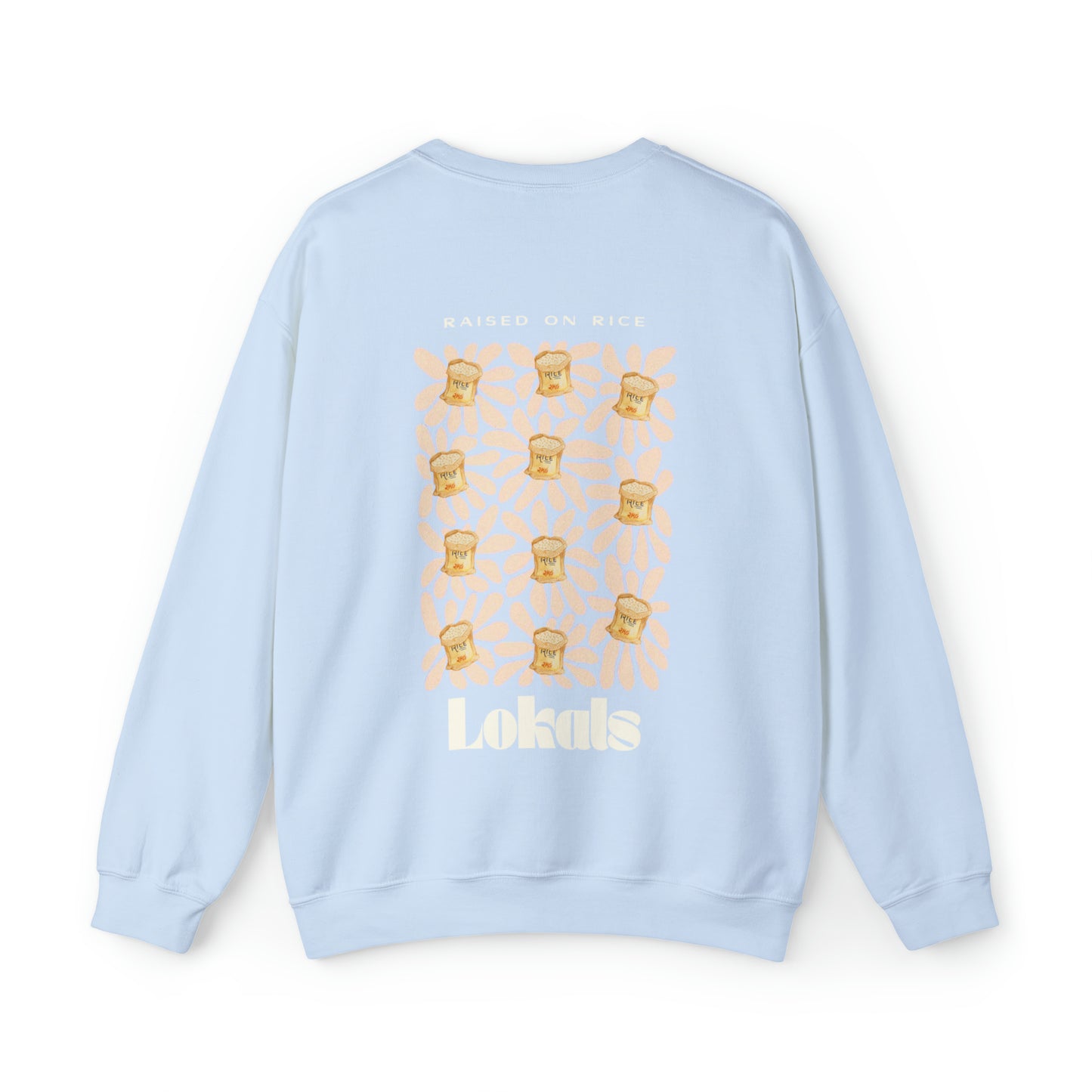 The back part of the Raised on Rice Crewneck Sweatshirt in light blue