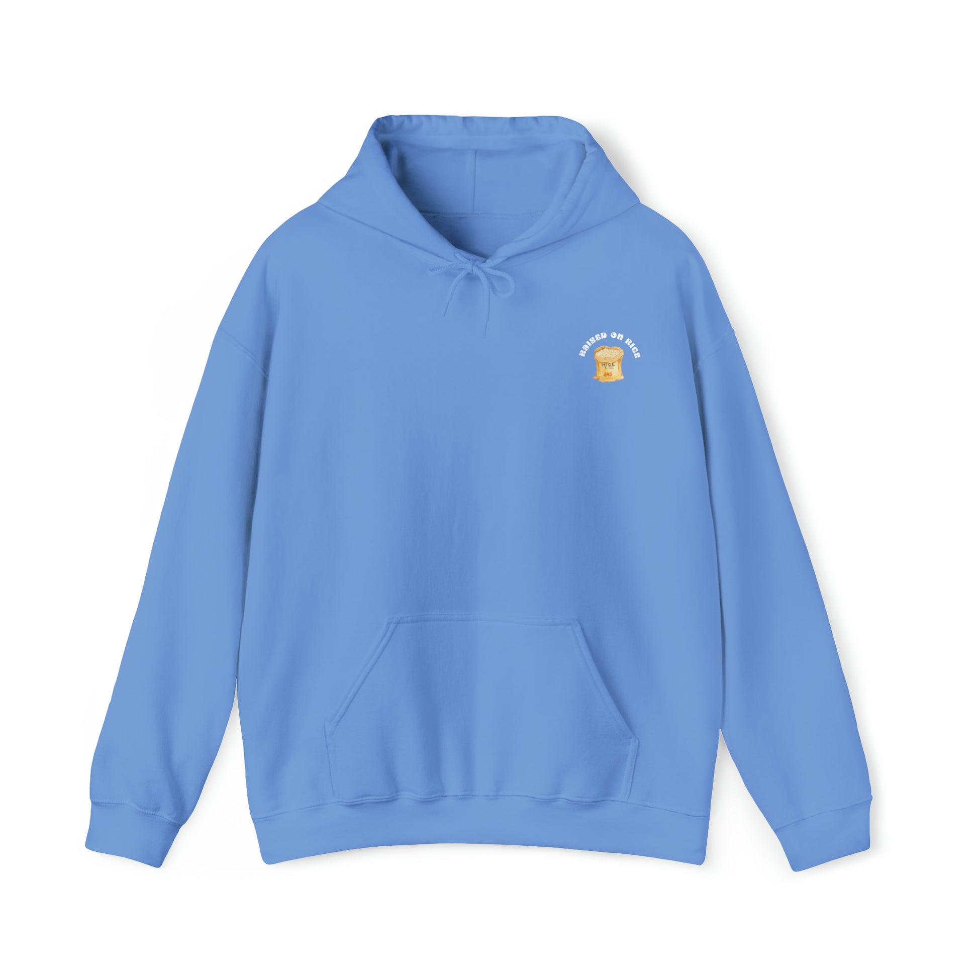 The front of Raised on Rice Hoodie in carolina blue