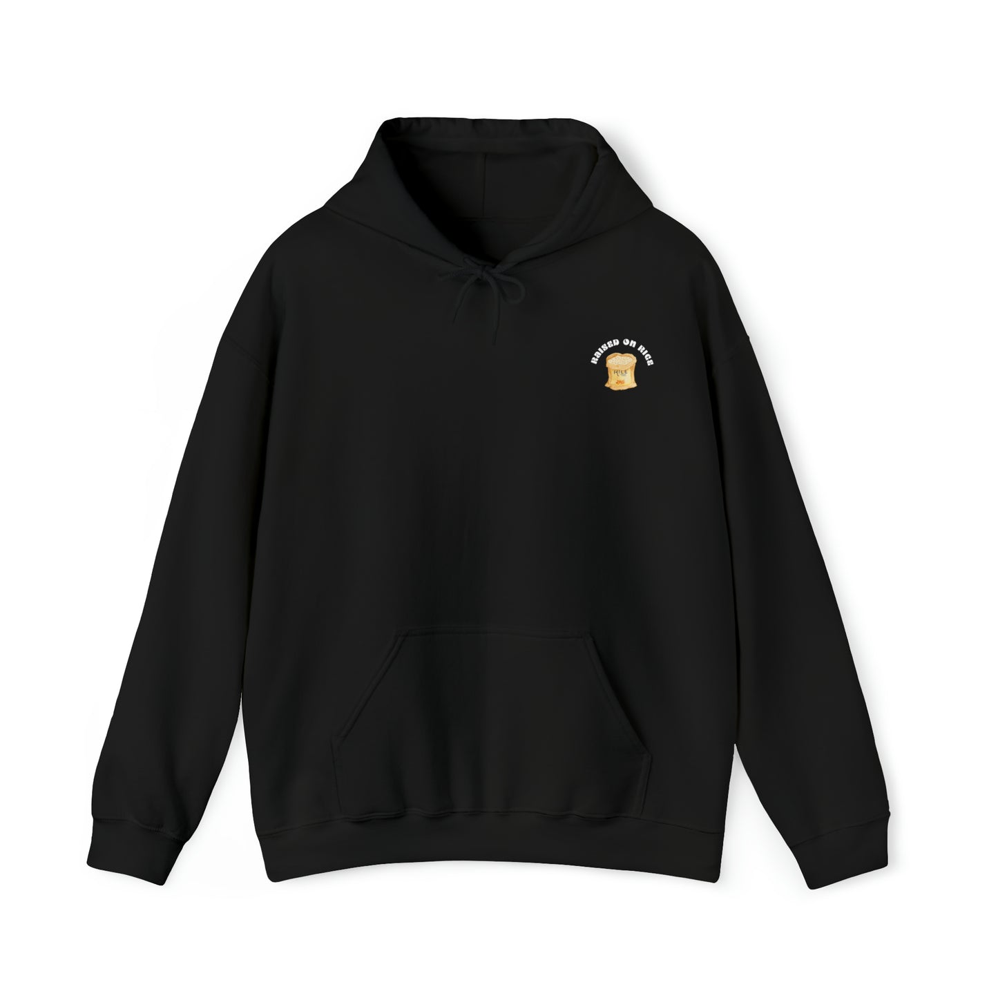  The front of Raised on Rice Hoodie in black