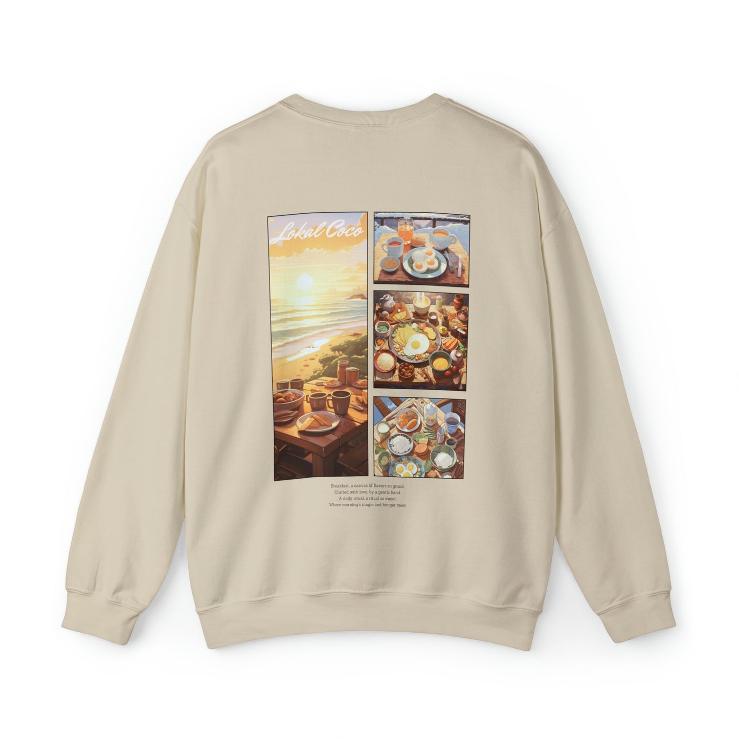 Back of Lokal Outdoor Breakfast Panel Sweatshirt | Comic Panel Art Crewneck Sweater in sand