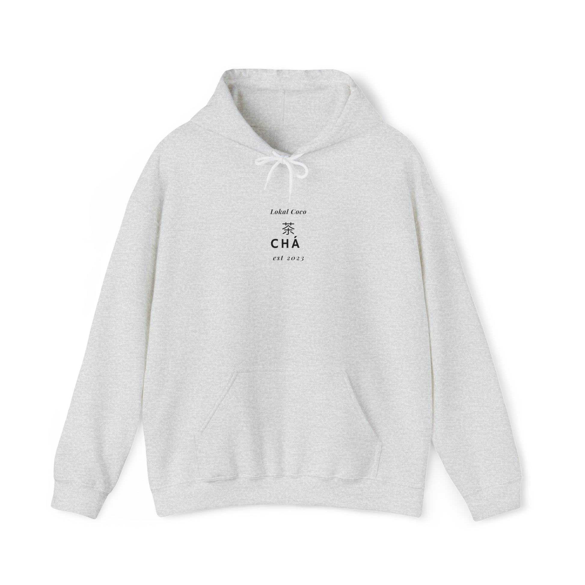 The front of Tea Lover Hoodie | 茶 Chá in Mandarin Watercolor Hoodie in ash