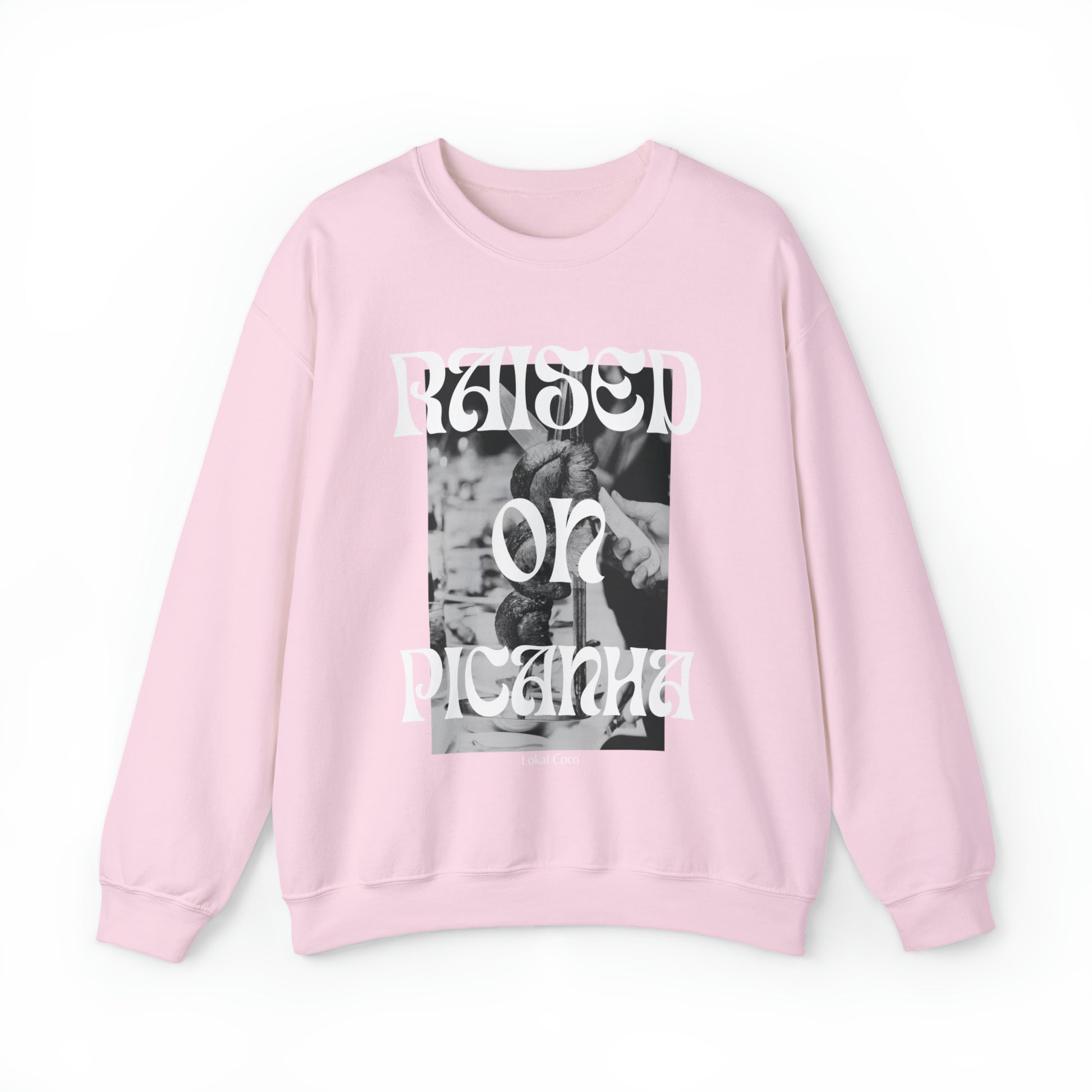 The front of the Raised on Picanha Crewneck Sweatshirt in light pink