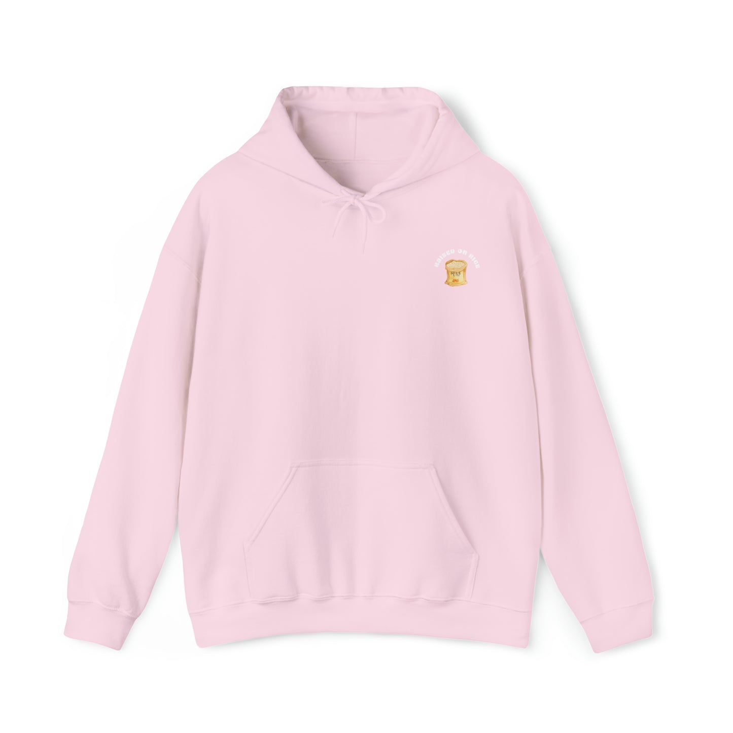  The front of Raised on Rice Hoodie in light pink