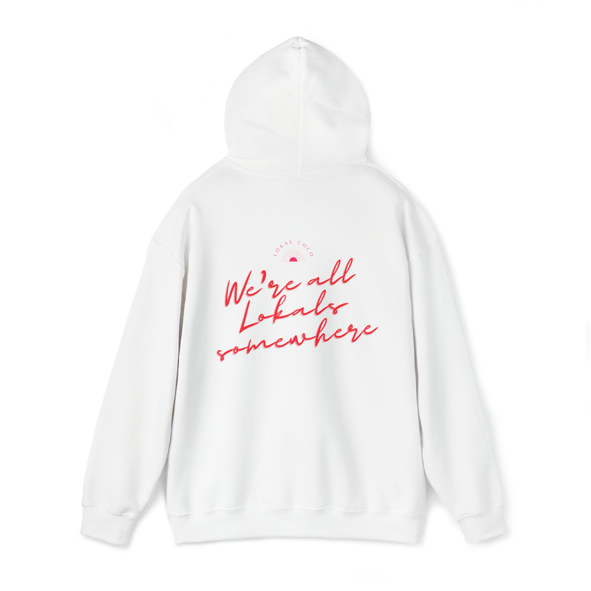 The back of Polaroid Hoodie + Shooting Star Couple | We're All Lokals Somewhere Hoodie in white