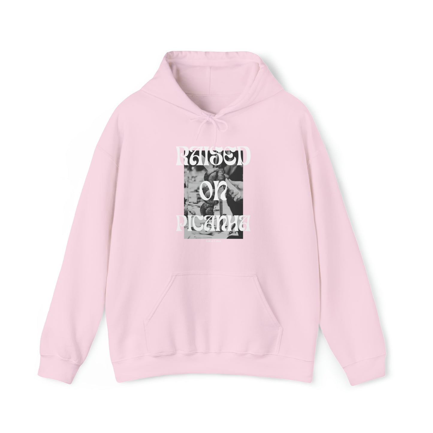 The front of the Raised on Picanha Hoodie in light pink