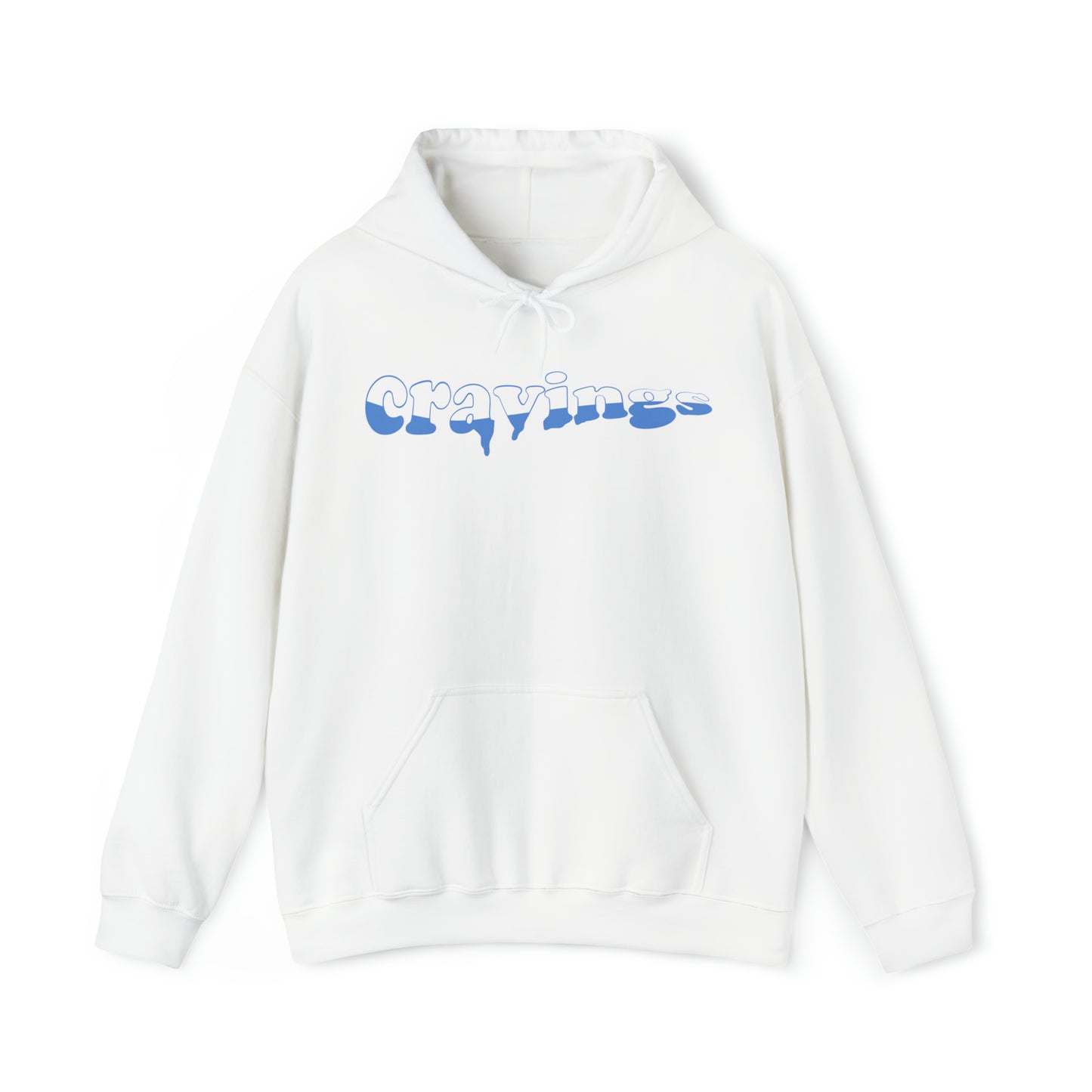 The front of the Cravings Satisfied hoodie in white