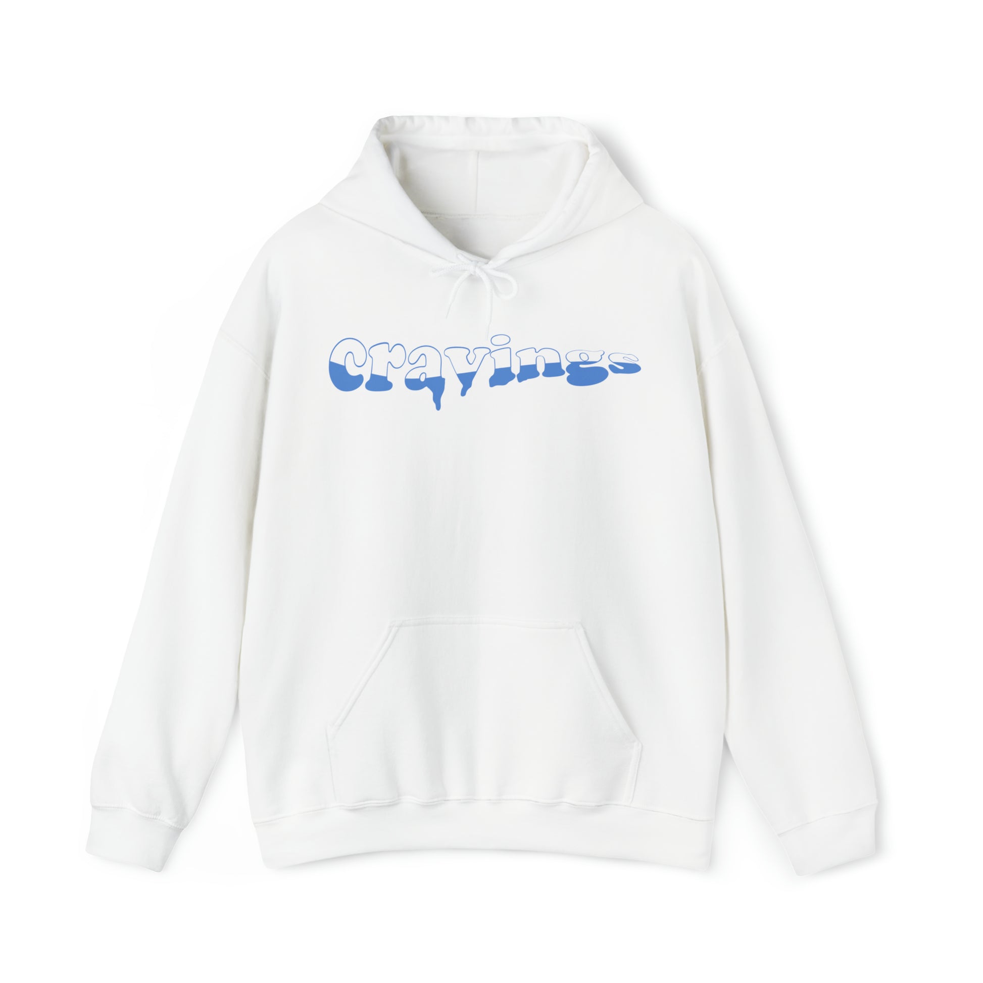 The front of the Cravings Satisfied hoodie in white