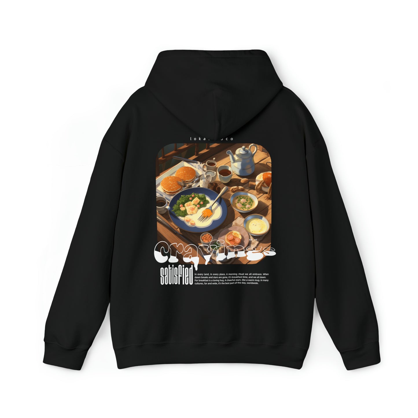 The back with the hoodie down of the Cravings Satisfied hoodie in black