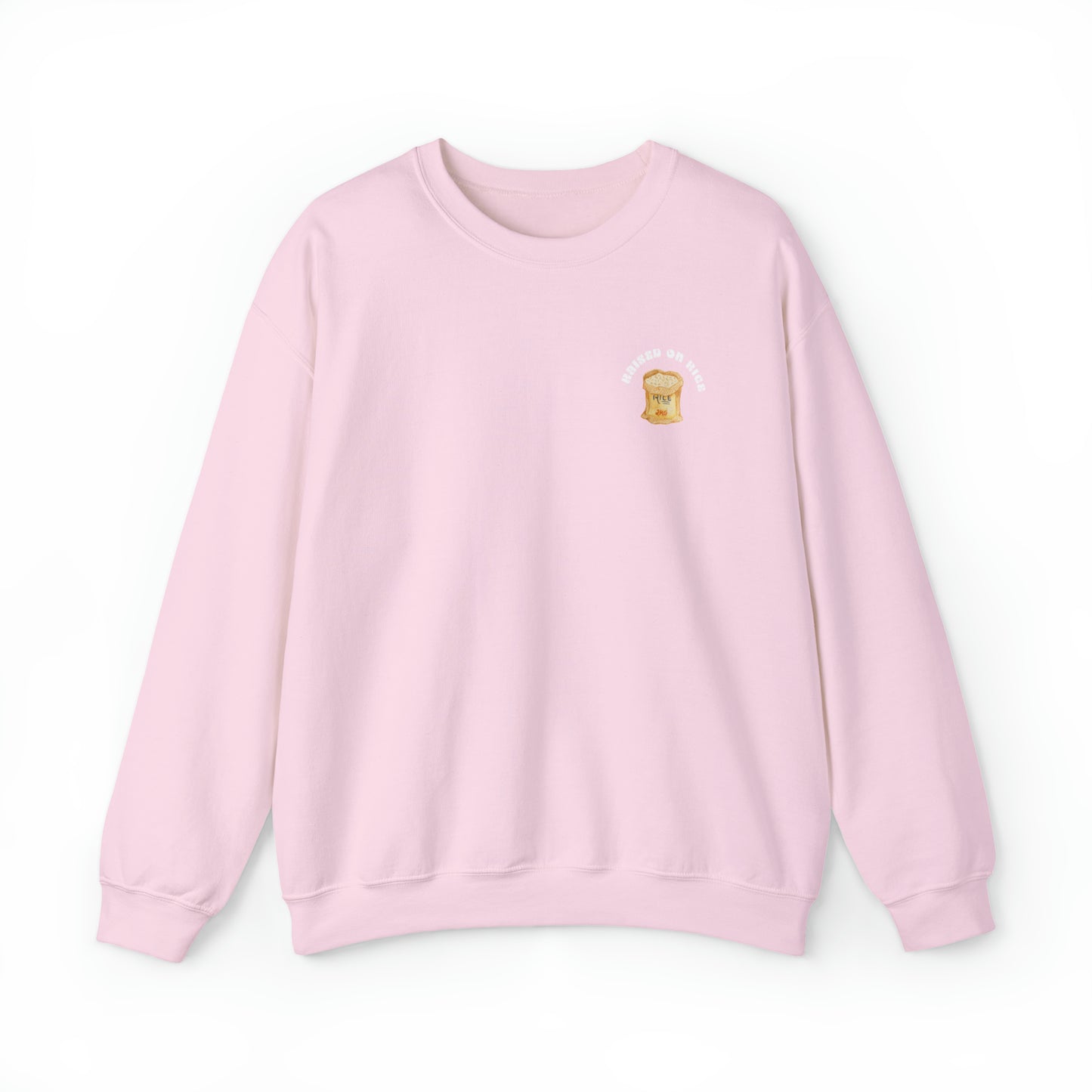 The front of Raised on Rice Crewneck Sweatshirt in light pink