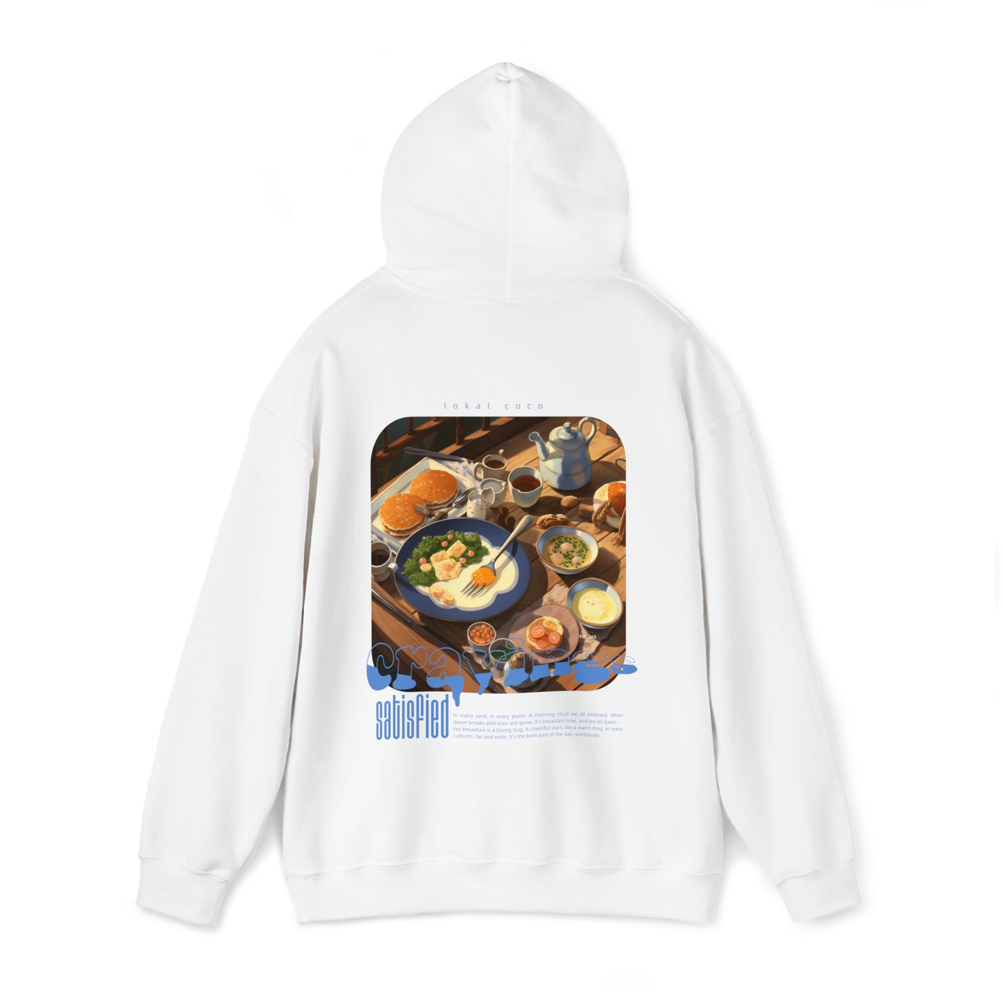 The back with the hoodie up of the Cravings Satisfied hoodie in white